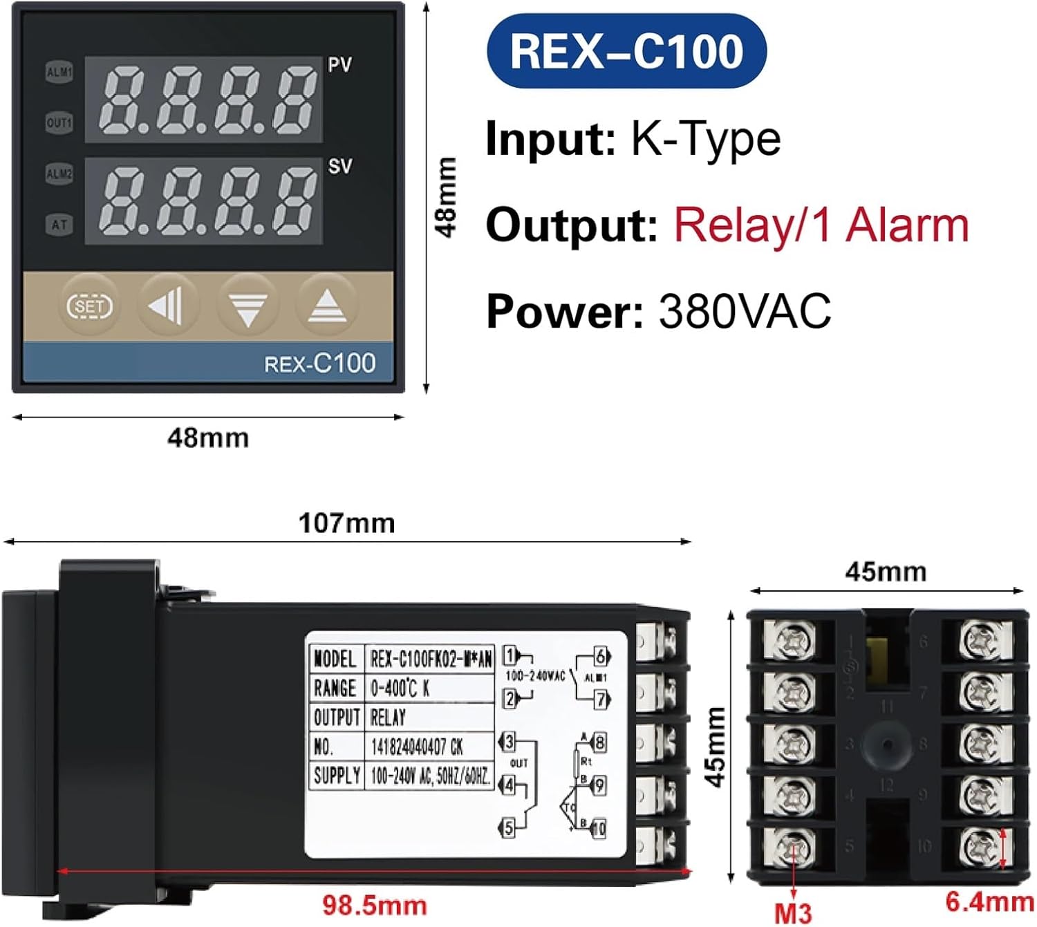 Digital PID Temperature Controller REX-C100, Solid State Relay Output, Industrial Thermostat Instrument(Gold)