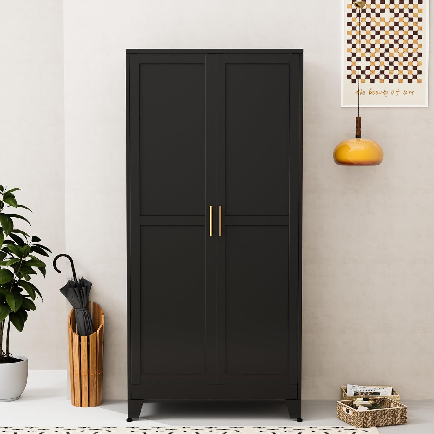 GAIOUS Metal Wardrobe Cabinet with Hanging Rod, 71" Metal Clothing Storage Cabinets with 2 Doors and Adjustable Shelves, Black Armoire Wardrobe Closet for Bedroom, Laundry Room, Cloak Room