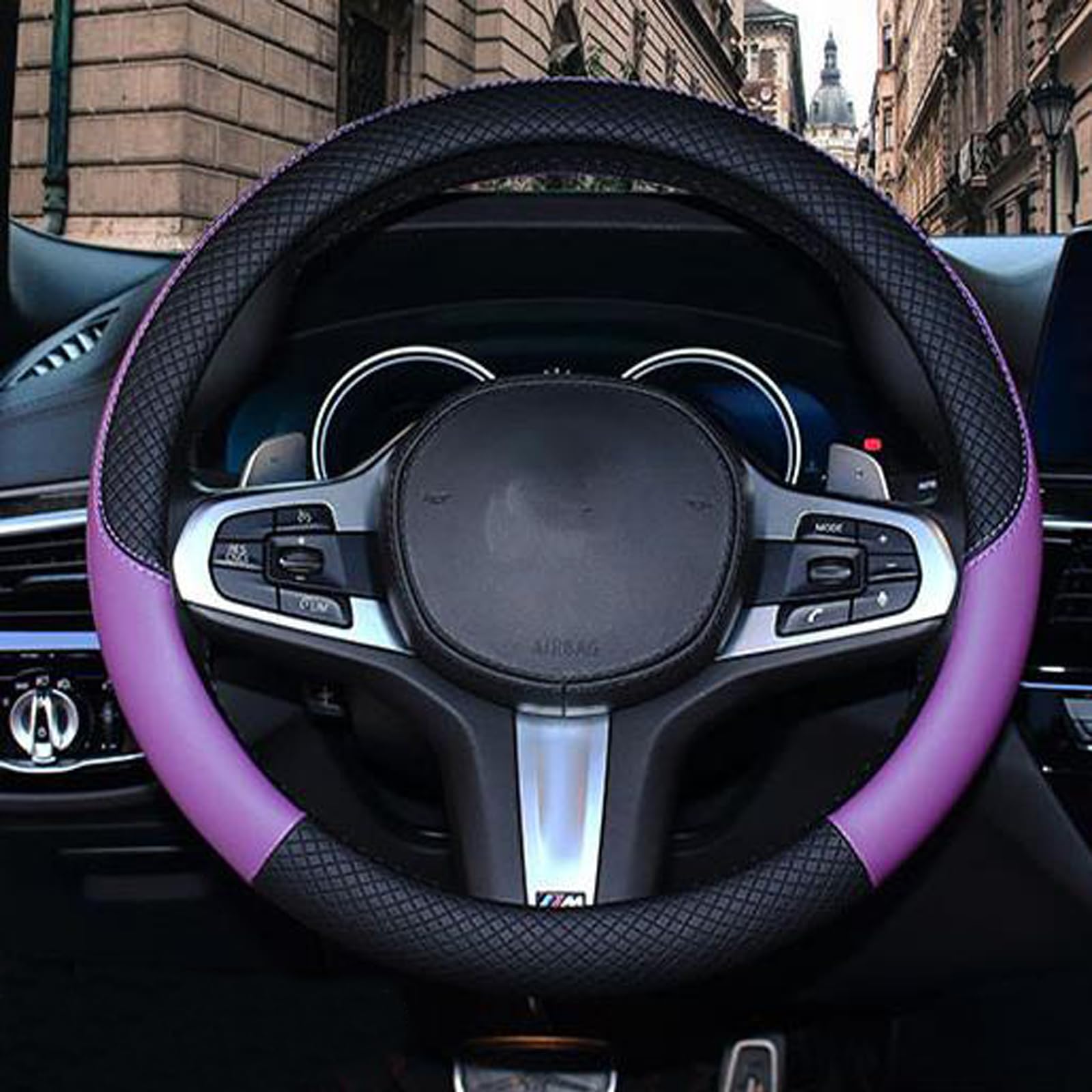SHIAWASENA Funda para Volante de automóvil, de Cuero, Ajuste Universal de 15 Pulgadas, Antideslizante y sin Olor (Negro y Morado)
