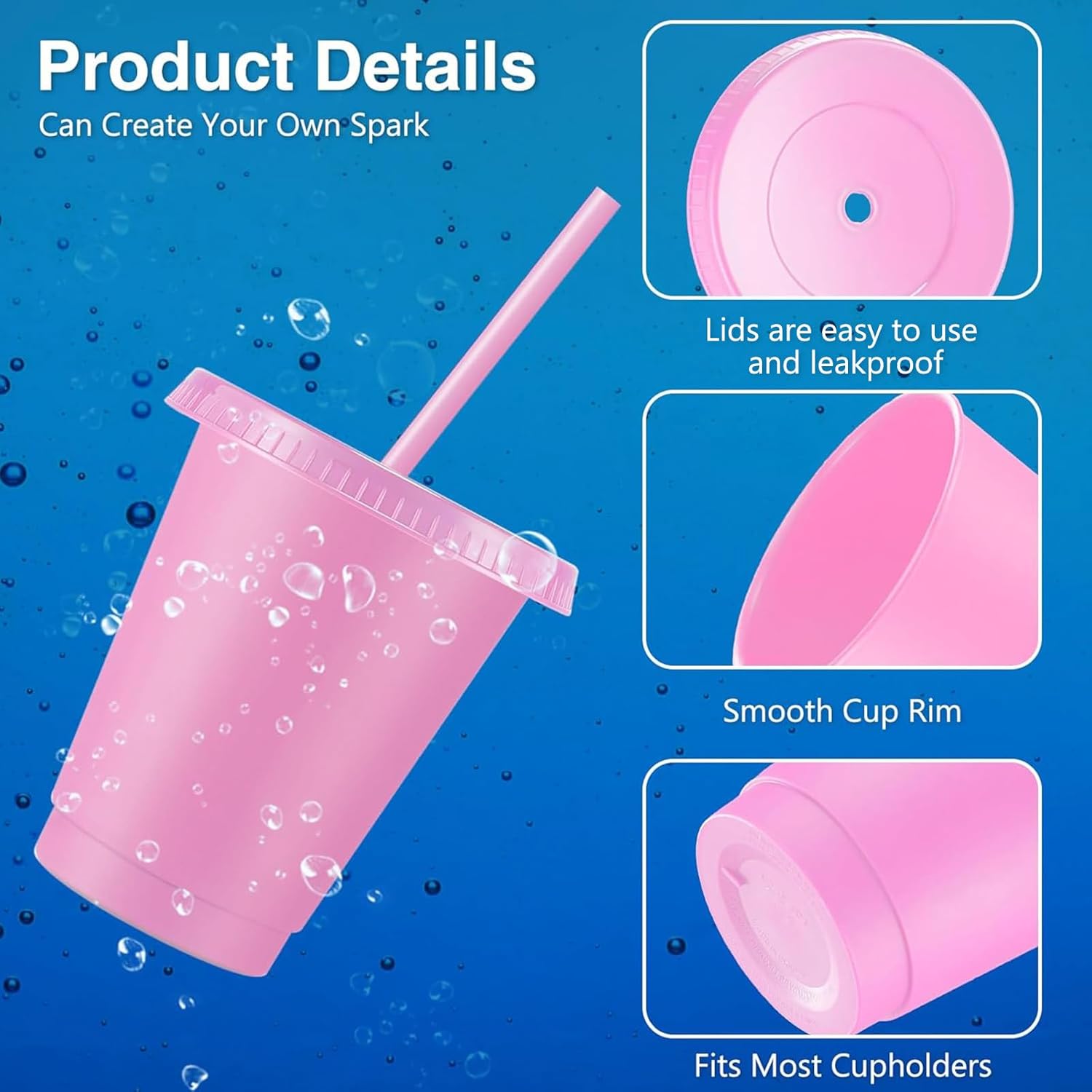 Rtteri 15 Pcs Reusable Cups with Straws and Lids 16 oz Glitter Tumblers Plastic Party Favor Cups with Lids Travel Mug Tumbler for Valentine's Day Party Iced Beverage Water(Light Pink) - Image 3