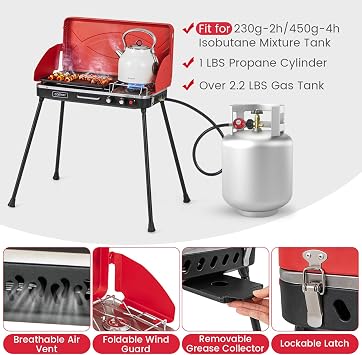2-Burner Propane Camping Stove, Portable Camp Grill w/Roast Grill, 3-Sided Wind Screen, Removable Leg, Dual Control Knobs, Outdoor Stove for BBQ Picnic, 20000 BTU (Red)