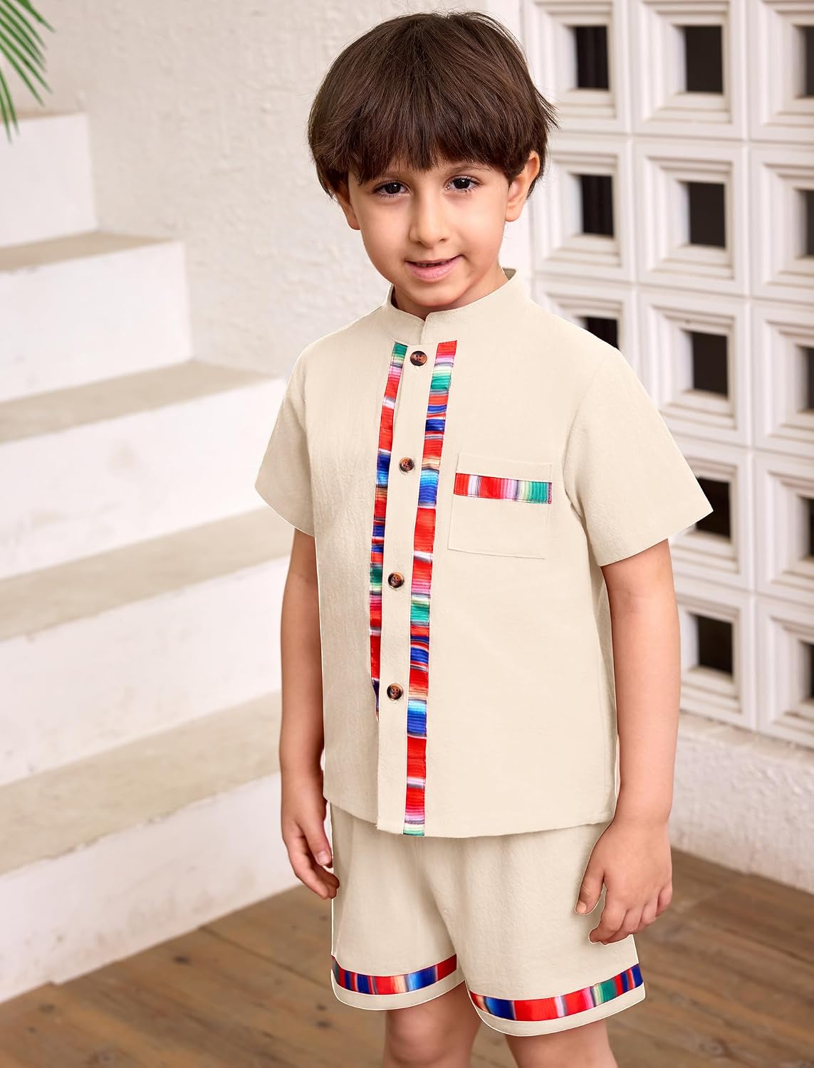 ABEWIP Baby Boys Mexican Outfits Embroidery Fiesta Traditional Guayabera for Toddler Button Up Shirt+Shorts 2Pcs