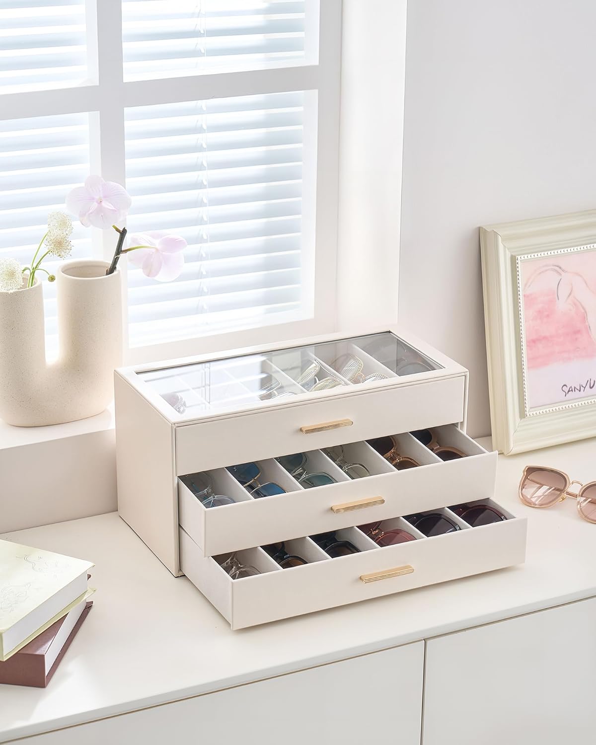 Lolalet Sunglasses Storage Box for Women, Eyewear Eye Glass Organizer with Clear Top Display Holder Case, Mothers Day Gifts
