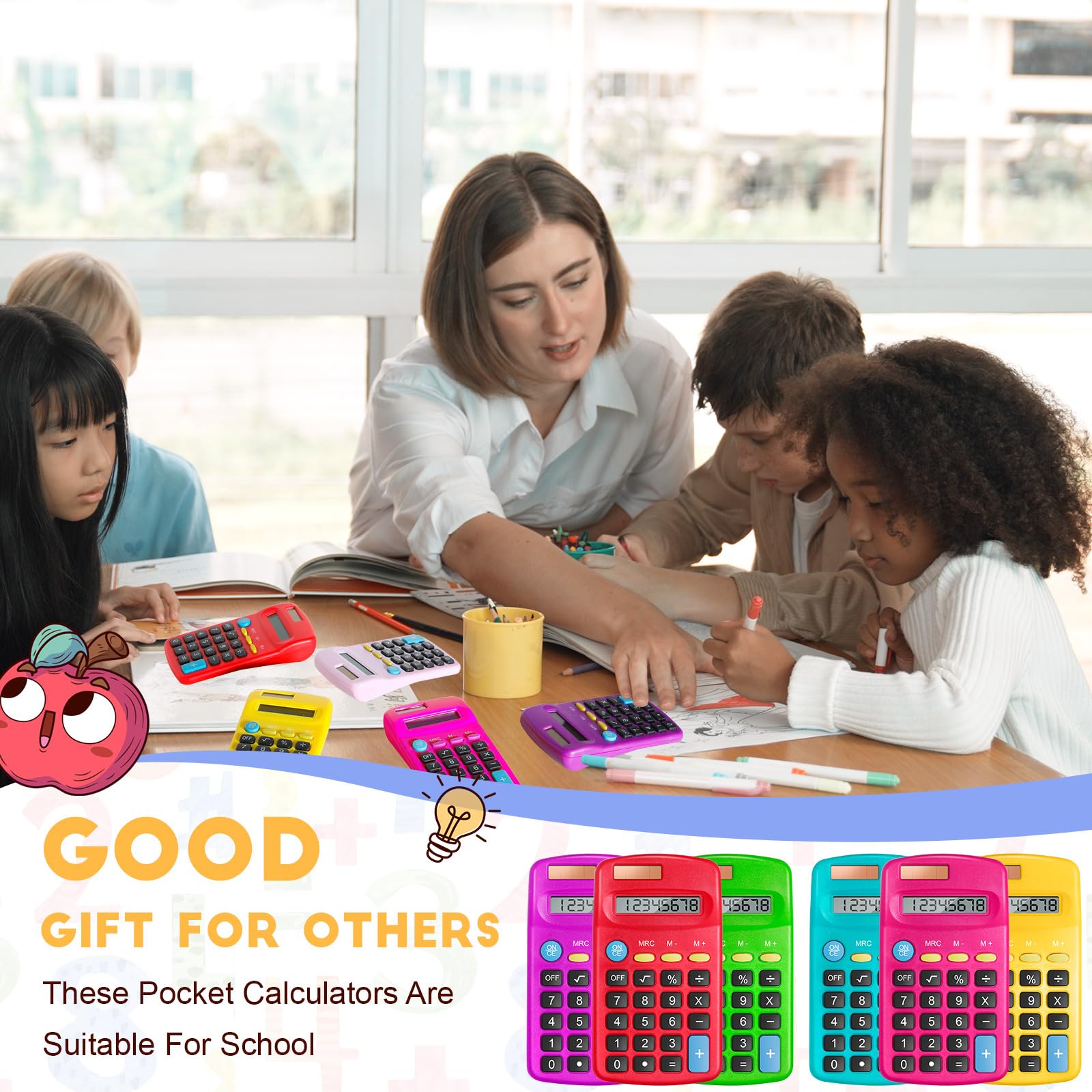 Confezione da 24 mini calcolatrici tascabili per studenti ad angolo portatile, display a 8 cifre, batteria solare, doppia alimentazione, piccola calcolatrice per studenti, bambini, casa, ufficio (12