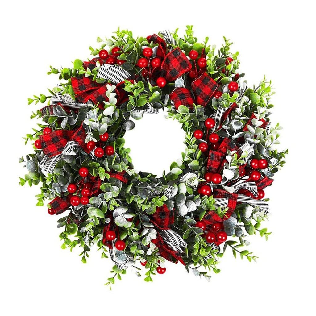 Couronne de Noël 40cm avec baies rouges et feuilles vertes pour porte d'entrée