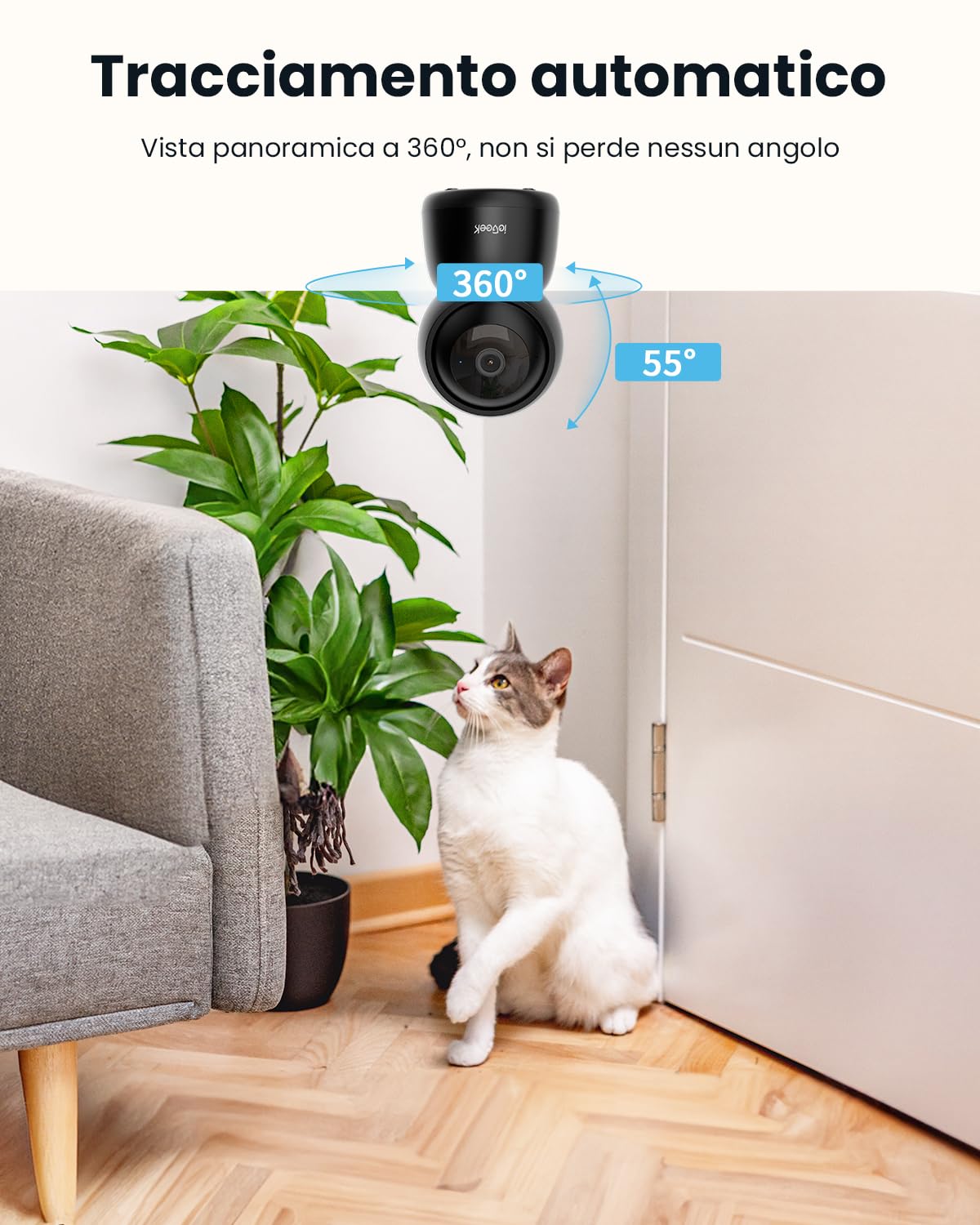 ieGeek 2K Telecamera WiFi Interno Supporta 2,4 & 5GHz, Videocamera Sorveglianza con Rotazione a 360°, Tracciamento Automatico, Sirena, Visione Notturna, Audio Bidirezionale, Baby Monitor, SC1, Nero