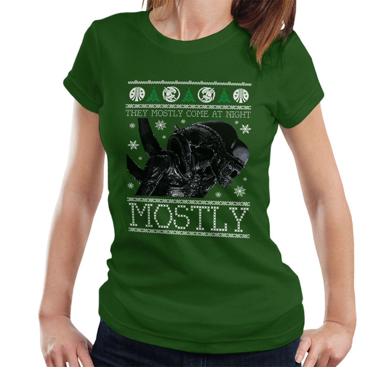 Cloud City 7 Women's Bottle Green Xenomorph Aliens Christmas Knit T-Shirt