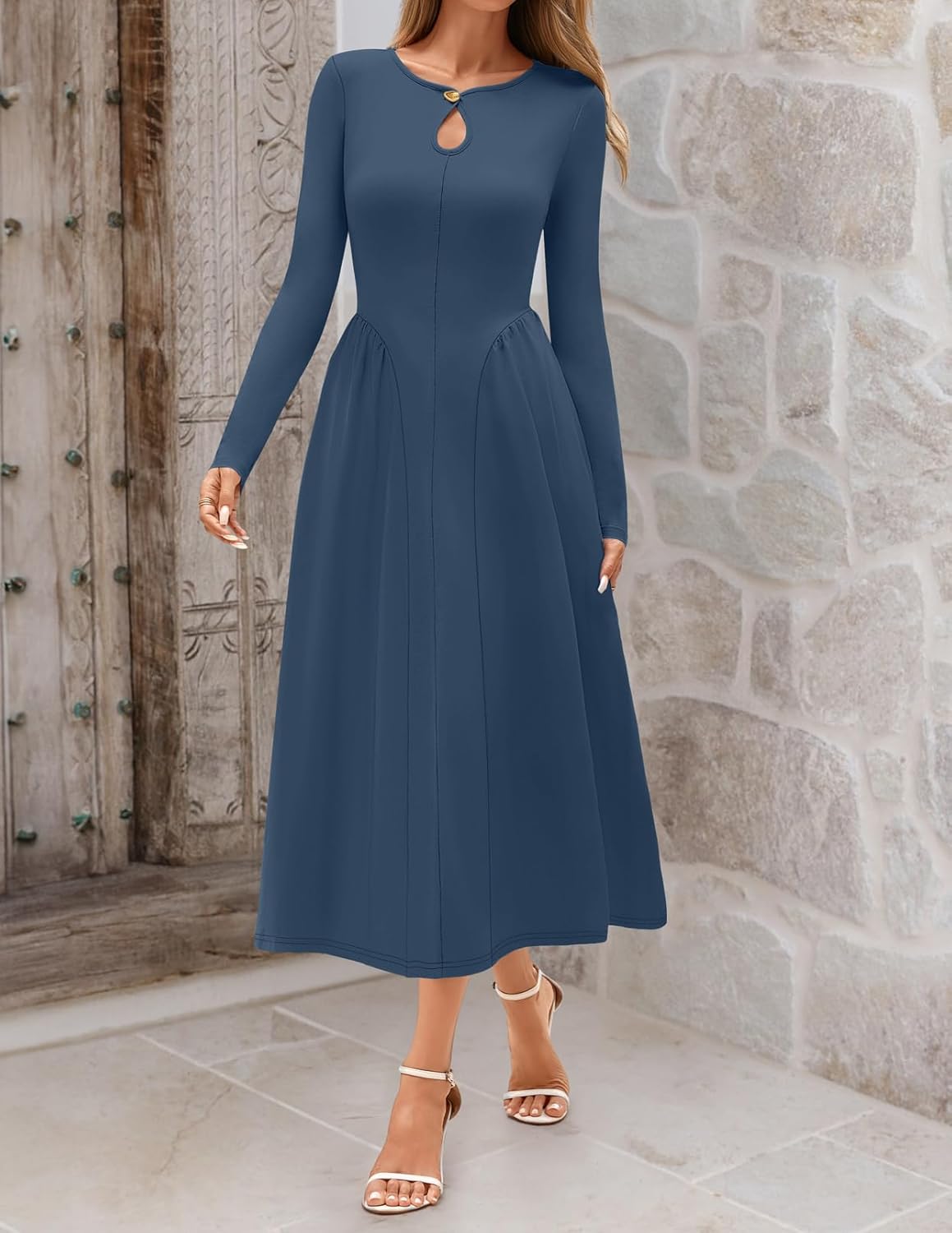 MEROKEETY Women's Long Sleeve Wedding Guest Dresses 2026 Fall Fashion Elegant Cutout A Line Midi Maxi Dress - Image 3