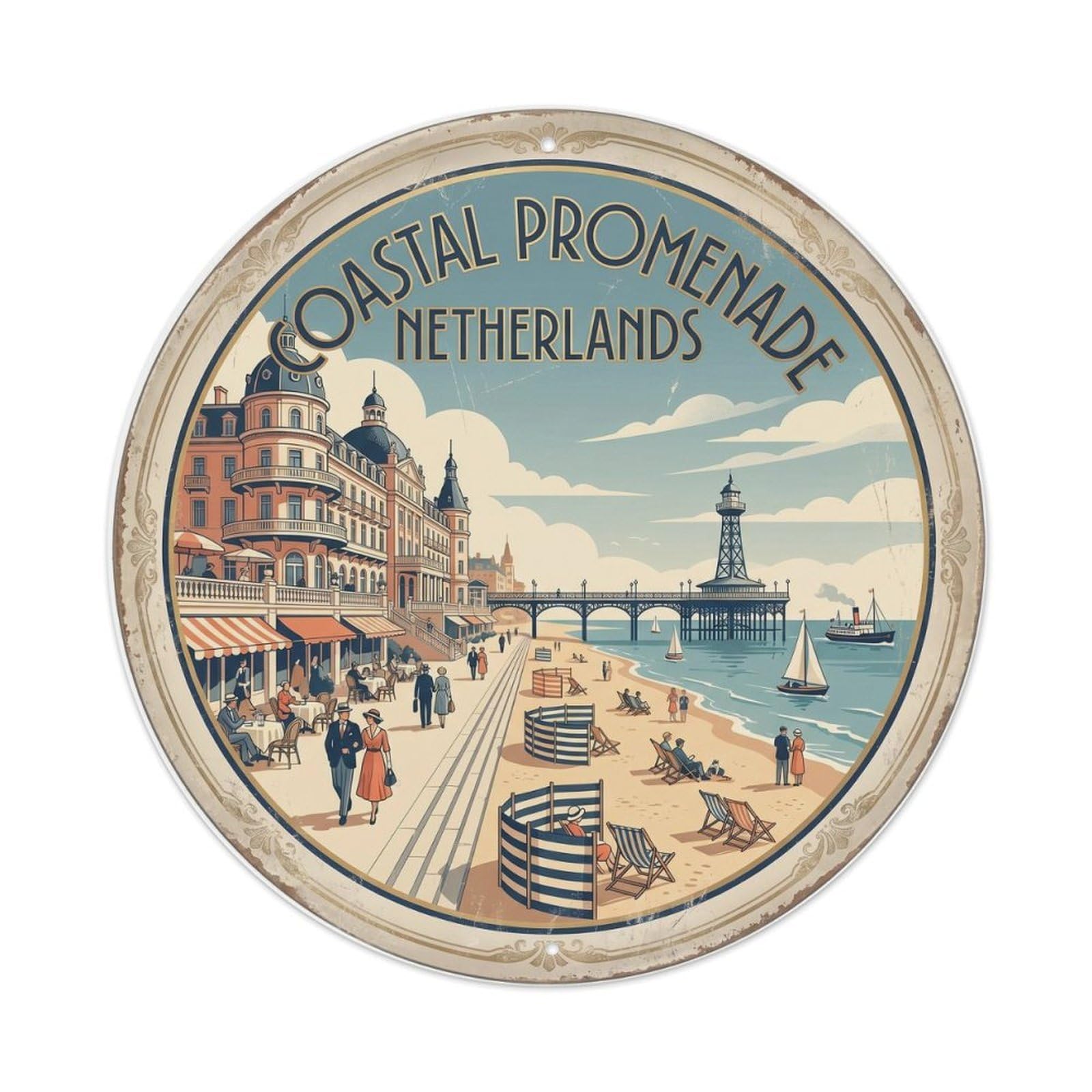 Vintage Travel Coastal Promenade Netherlands Metal Tin Sign