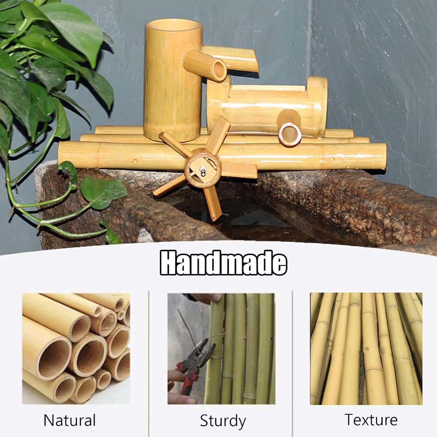 Bamboo Fountain Kit, Solar Bamboo Water Fountain with Waterwheel, Zen Pond Fountain, Bamboo Landscaping Decoration, for Fish Tank, Lawn, Backyard, Bird Bath, Yard,70cm/27.5in,70cm/27.5in