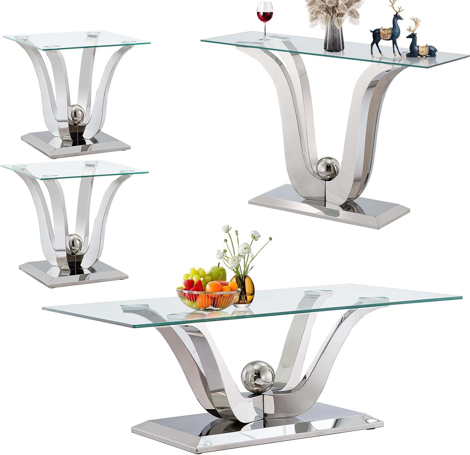 4 Pieces Living Room Table Set, Glass Coffee Table Set of 4, Modern Coffee Table, Console Table and 2 End Tables with Dual U-Shaped Stainless Steel Base for Living Room (Silver)