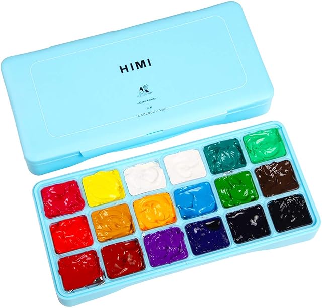HIMI Gouache Paint Kit 18 Vibrant Colors Non Toxic Paints Jelly Cup Design with Palette Portable for Professional Artists Kids, Rich Pigment, 30ml/Cup