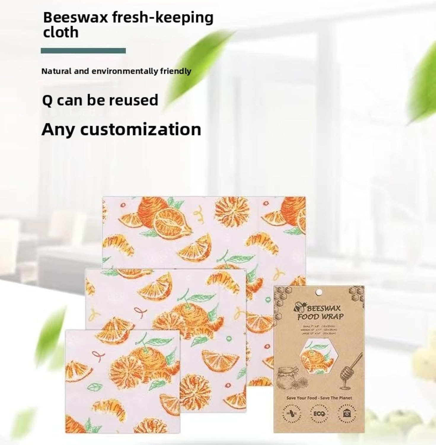 Reusable Beeswax Food Wraps 3 Pack-Plastic Free & Washable (Green Leaves) image 2