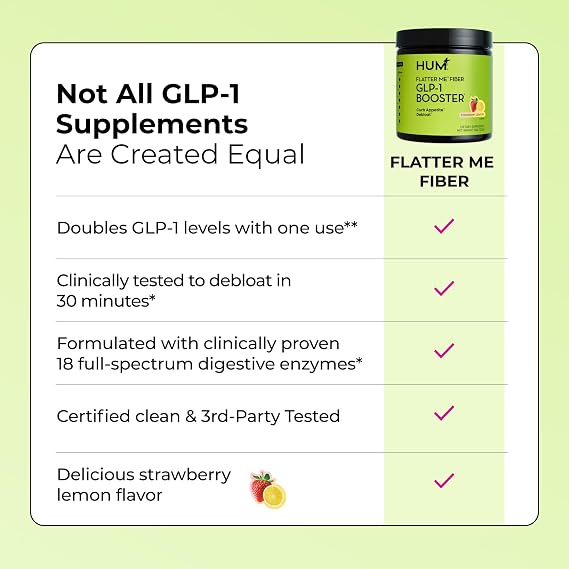 HUM Flatter Me Fiber Strawberry Lemon Fiber Powder Drink Mix, 10 Servings | Prebiotics, Digestive Enzymes, Digestive & Gut Health Support for Women & Men, Vegan, Non-GMO