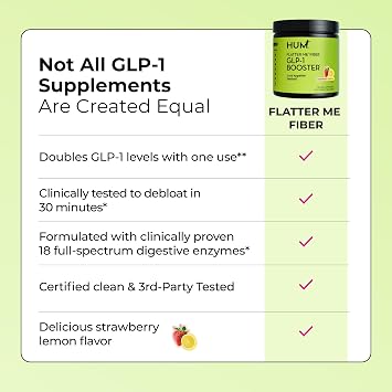 HUM Flatter Me Fiber Strawberry Lemon Fiber Powder Drink Mix, 10 Servings | Prebiotics, Digestive Enzymes, Digestive & Gut Health Support for Women & Men, Vegan, Non-GMO