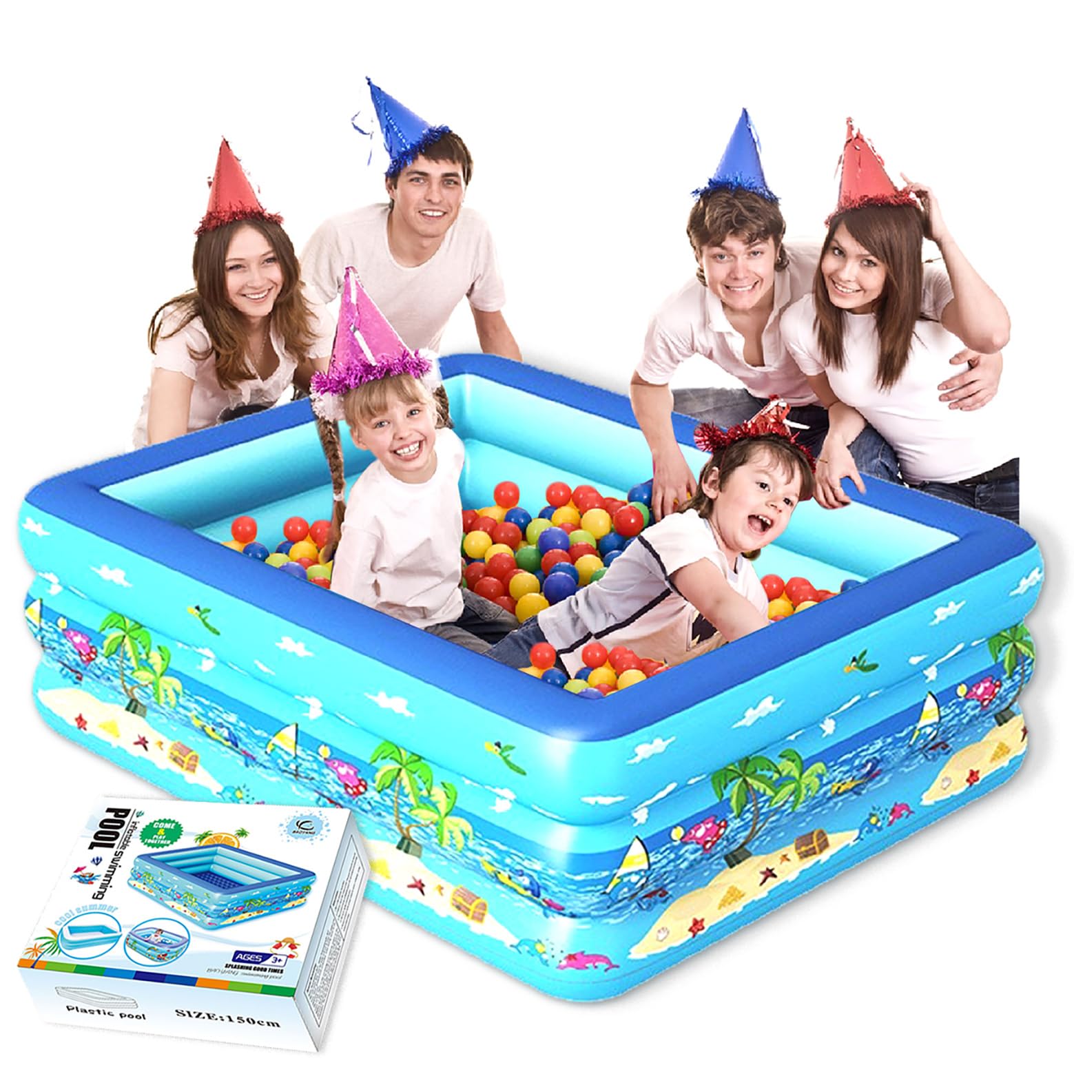 Piscina Infantil Hinchable Rectangular De 150 Cm – Fondo Suave, 3 Cámaras De Aire, Para Niños De 3+ Años (Azul)