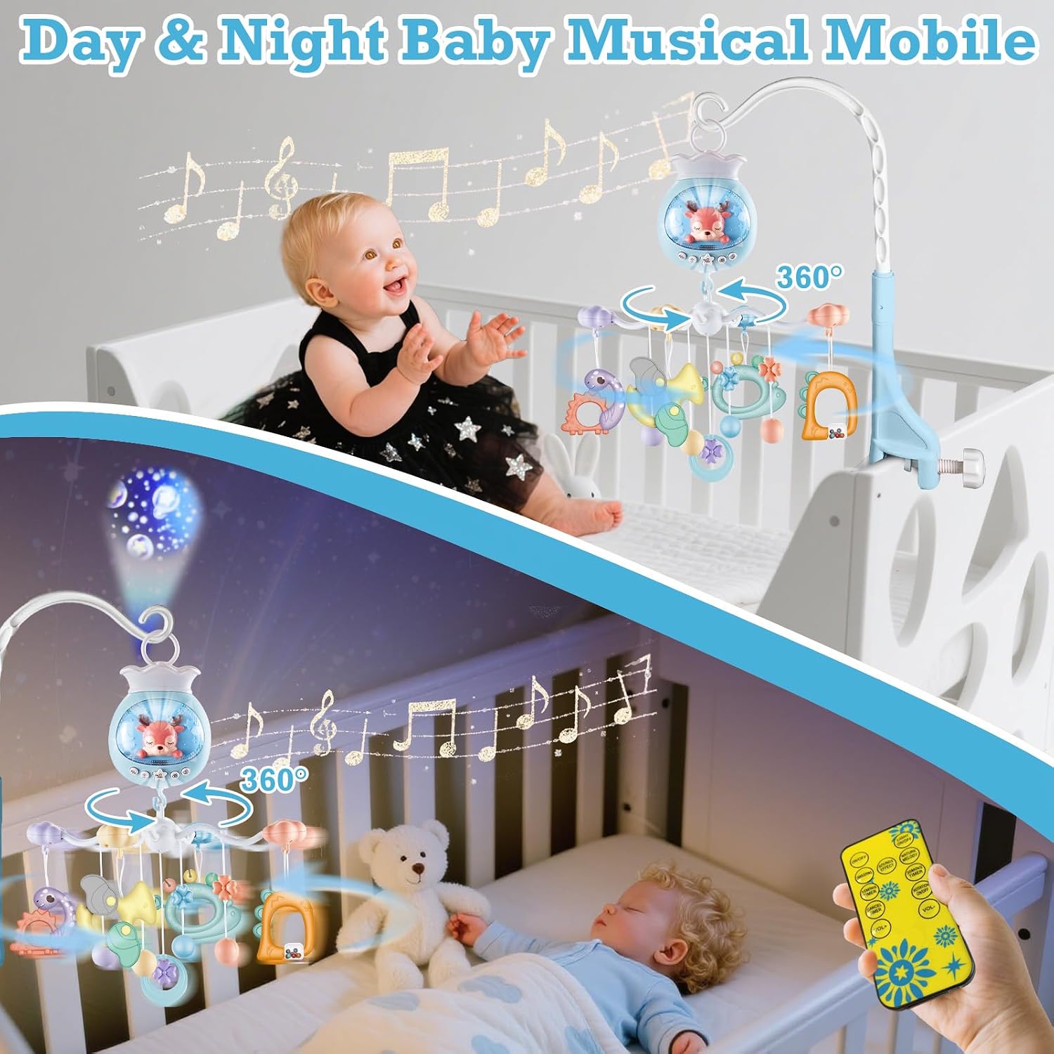 Baby Crib Mobile with Music & Light, Hanging Toys for Babies with Projection, Timing Function and Baby Rattles Toy, Baby Crib Toys for Boys Girls 3-12 Months (Blue)