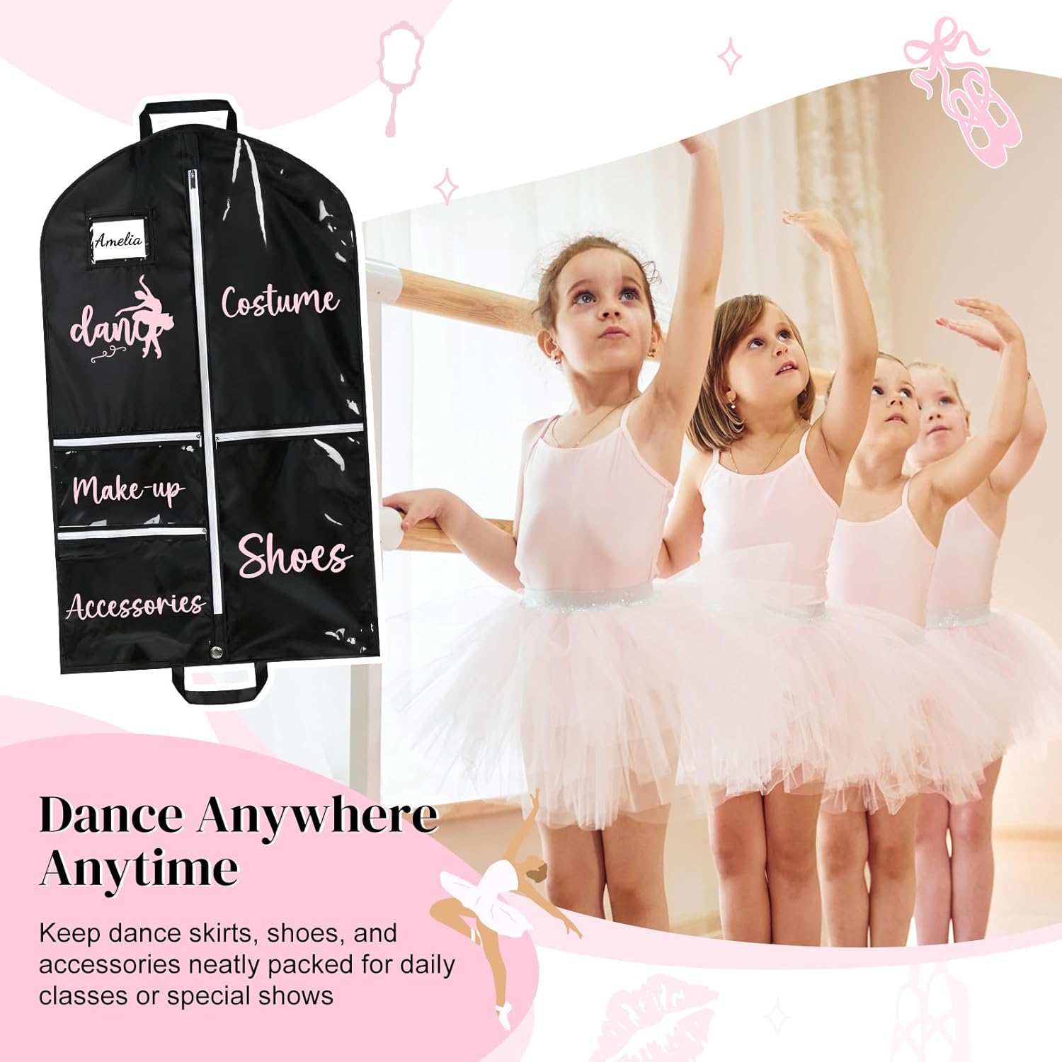 DEEKA Dance Garment Bag for Hanging Clothes with Zipper Pockets Dance Accessories Essentials Uniform Costume 40 Inch Dress Bags for Dance Competition Girls (Black,Pink-Dance) - Image 6