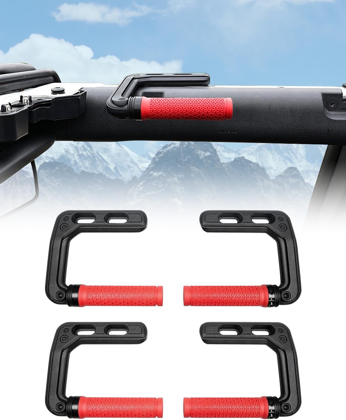 ROADER Front & Rear Roll Bar Grab Handles Fit for Ford Bronco & Bronco Raptor 2021-2025 4 Door Soft & Hard Top, Updated Aluminum Grip Handles Replacement for Bronco Interior Accessories-Red, 4 Pack