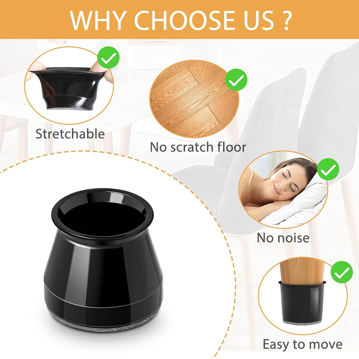 Chair Leg Floor Protectors 24PCS Furniture Sliders for Hardwood Floors, Silicone Chair Leg Protectors for Protecting Floors from Scratches and Noise, Black-Universal Small Universal Small Black-24 Pcs — view 3