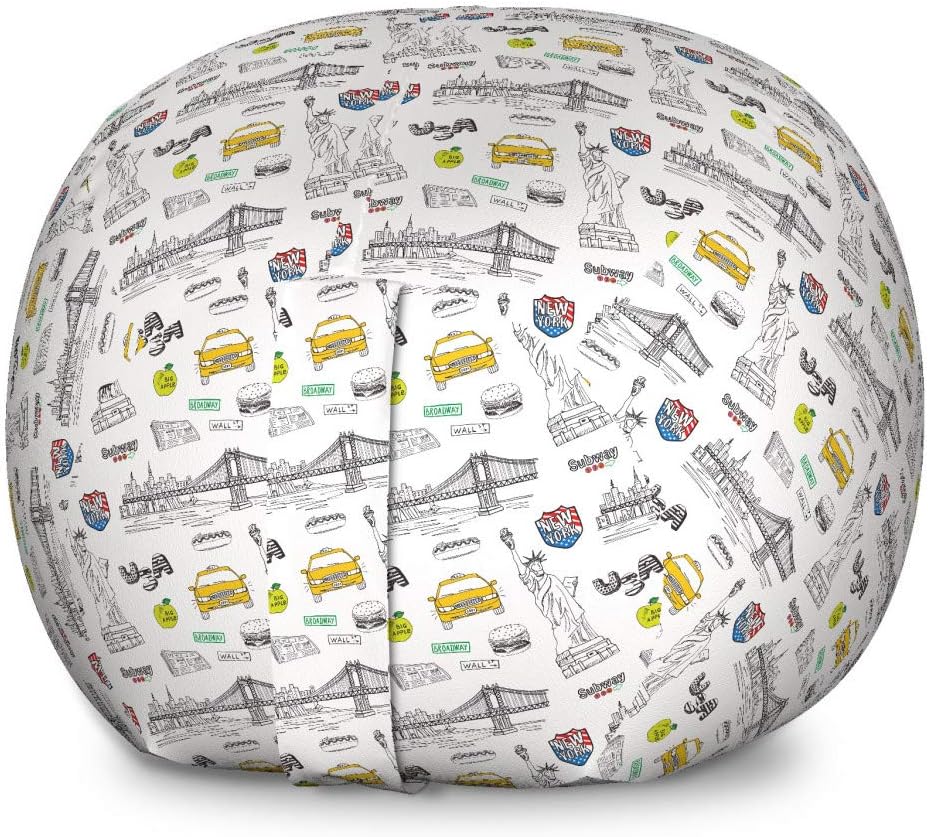 Lunarable American Storage Toy Bag Chair, New York City of Liberty Hotdogs Taxi Cabs Burgers Manhattan Bridge, Stuffed Animal Organizer Washable Bag, Large Size, Yellow Grey Blue