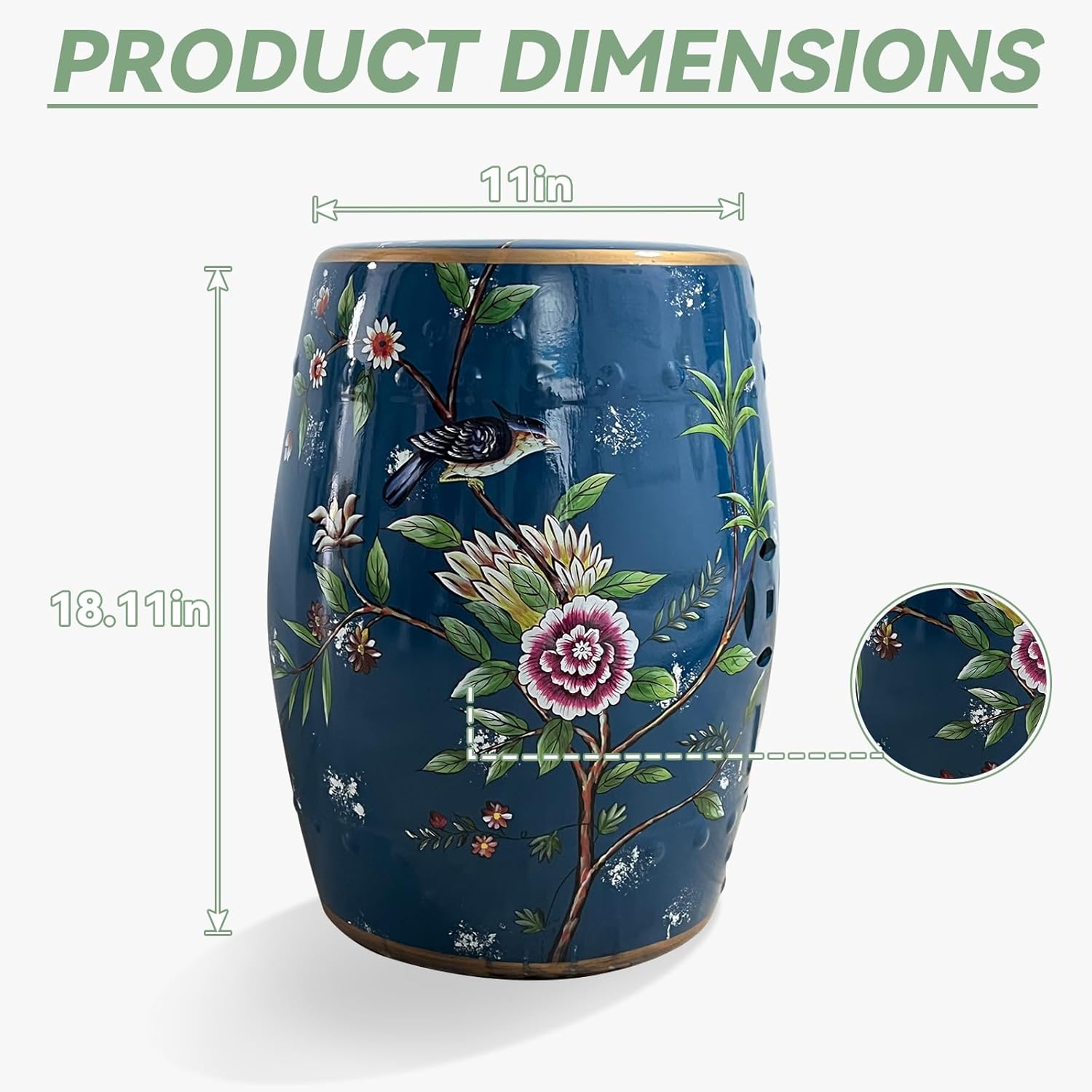 Ceramic Garden Stool, Hand-Painted Decorative Drum Accent Table for Indoor & Outdoor Use, Glazed Blue & White Chinoiserie Plant Stand, Side Table for Patio, Living Room, Bedroom, Balcony