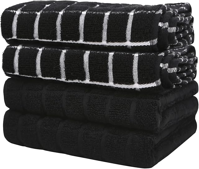 Kitchen Towels Cotton Black - Tea Towels Absorbent - Thick Dish Towels - Hand Towels for Kitchen with Hanging Loops , 45x65cm , 4 Pack