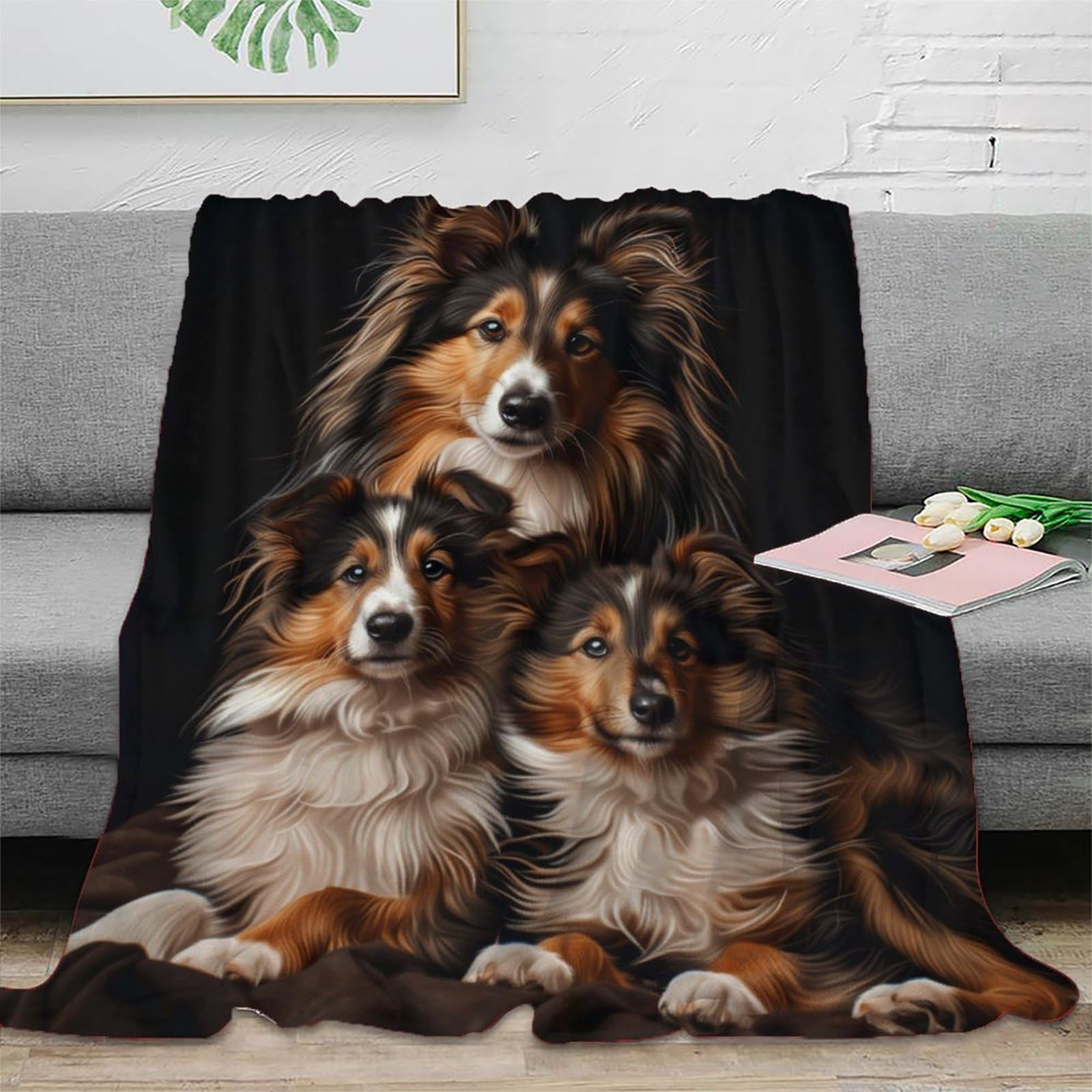 Couverture Shetland Sheepdog 3D plaid microfibre doux et anti-peluche lavable en machine
