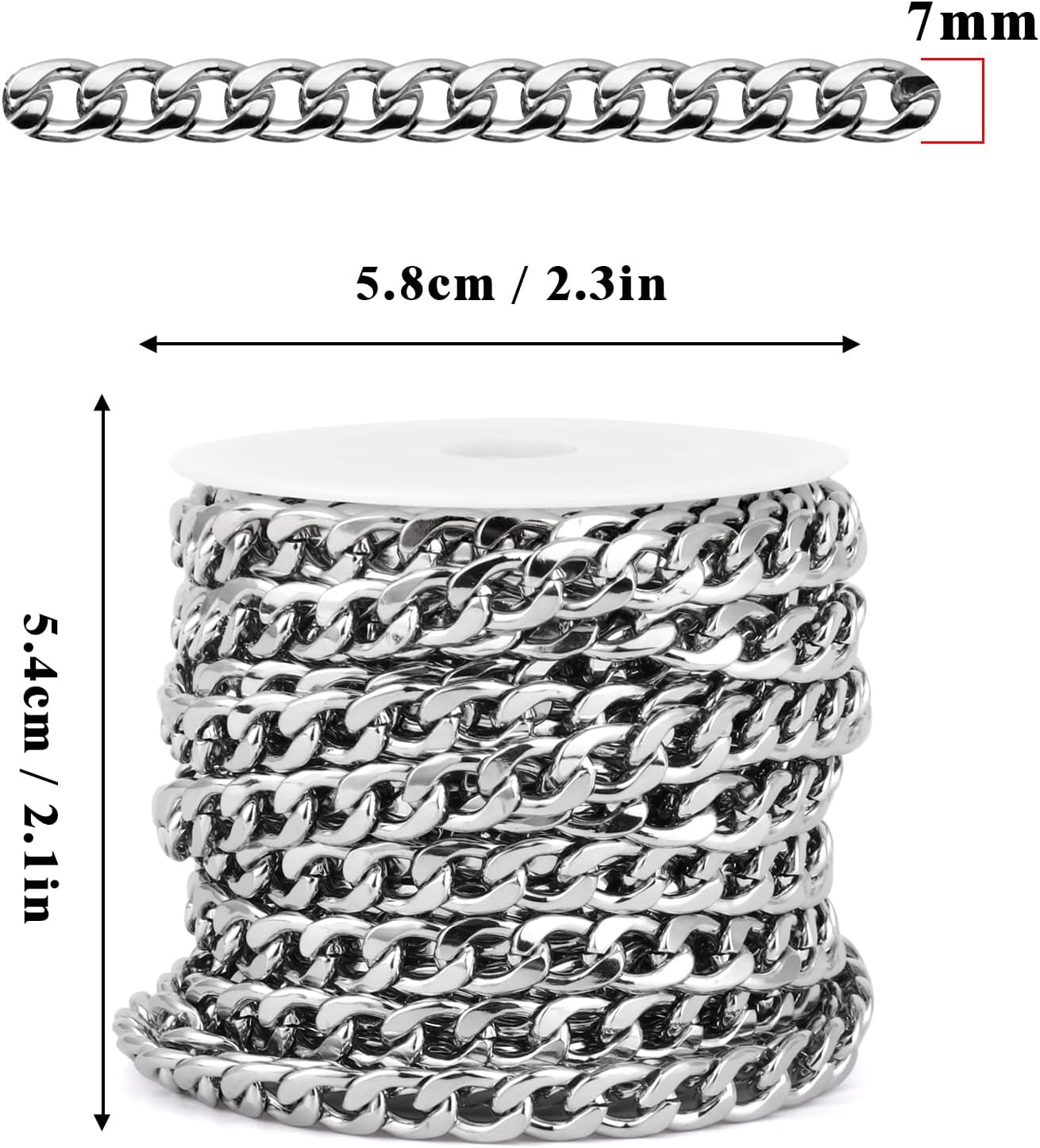 Cadikez 16.5 Feet Stainless Steel Cuban Chain Roll, 7mm Width 304 Stainless Steel Curb Link Chains Roll Bulk for Jewelry Making