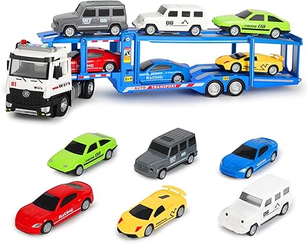 Semi Truck Toys,Transporter Flatbed Truck with 6 Racing Cars, Double Decker Carrier Semi with Openable Doors & Lights & Sounds,Toddler Boy Toys Gift for for 3 4 5 6 7 Boys Girls Cars