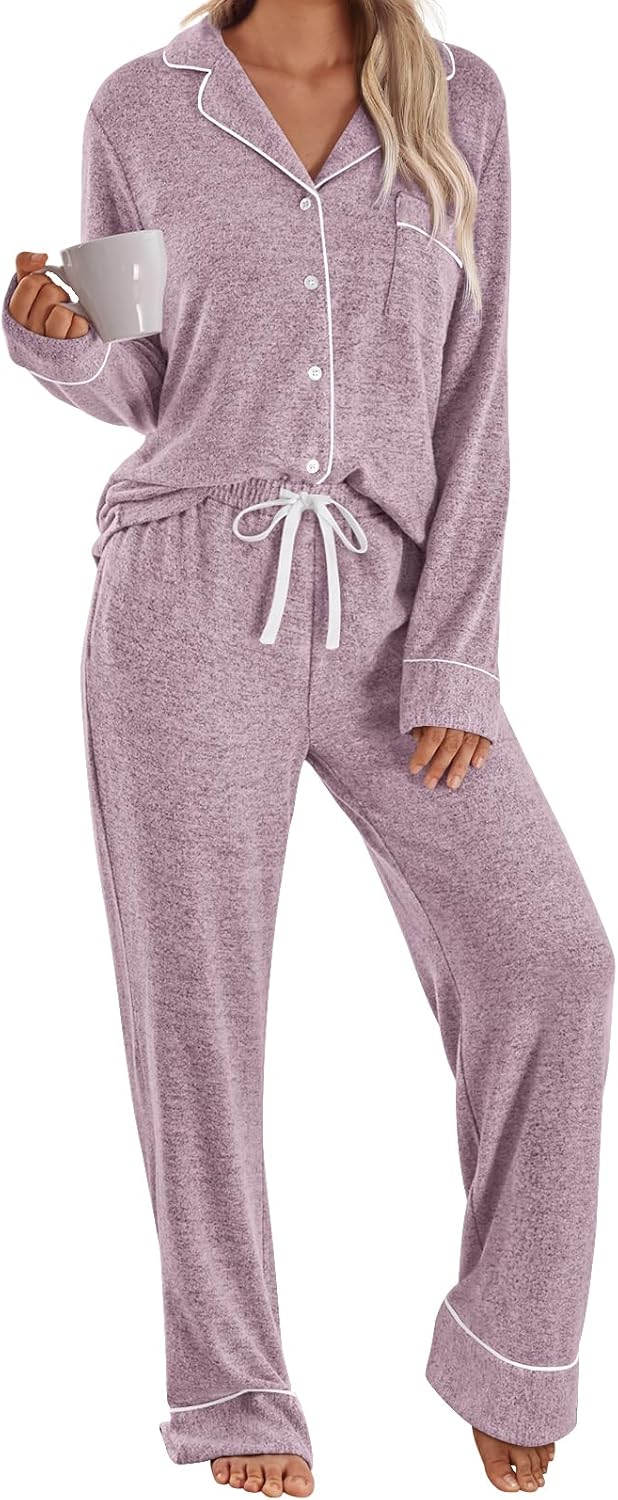 LILLUSORY Womens Pajamas Sets Long Sleeve Lounge Warm Sleepwear 2 pieces Fall Clothes With Pockets