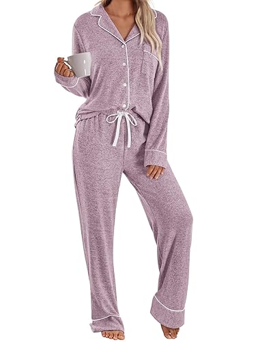 LILLUSORY Womens Pajamas Sets Long Sleeve Lounge Warm Sleepwear 2 pieces Fall Clothes With Pockets - Pink - Small
