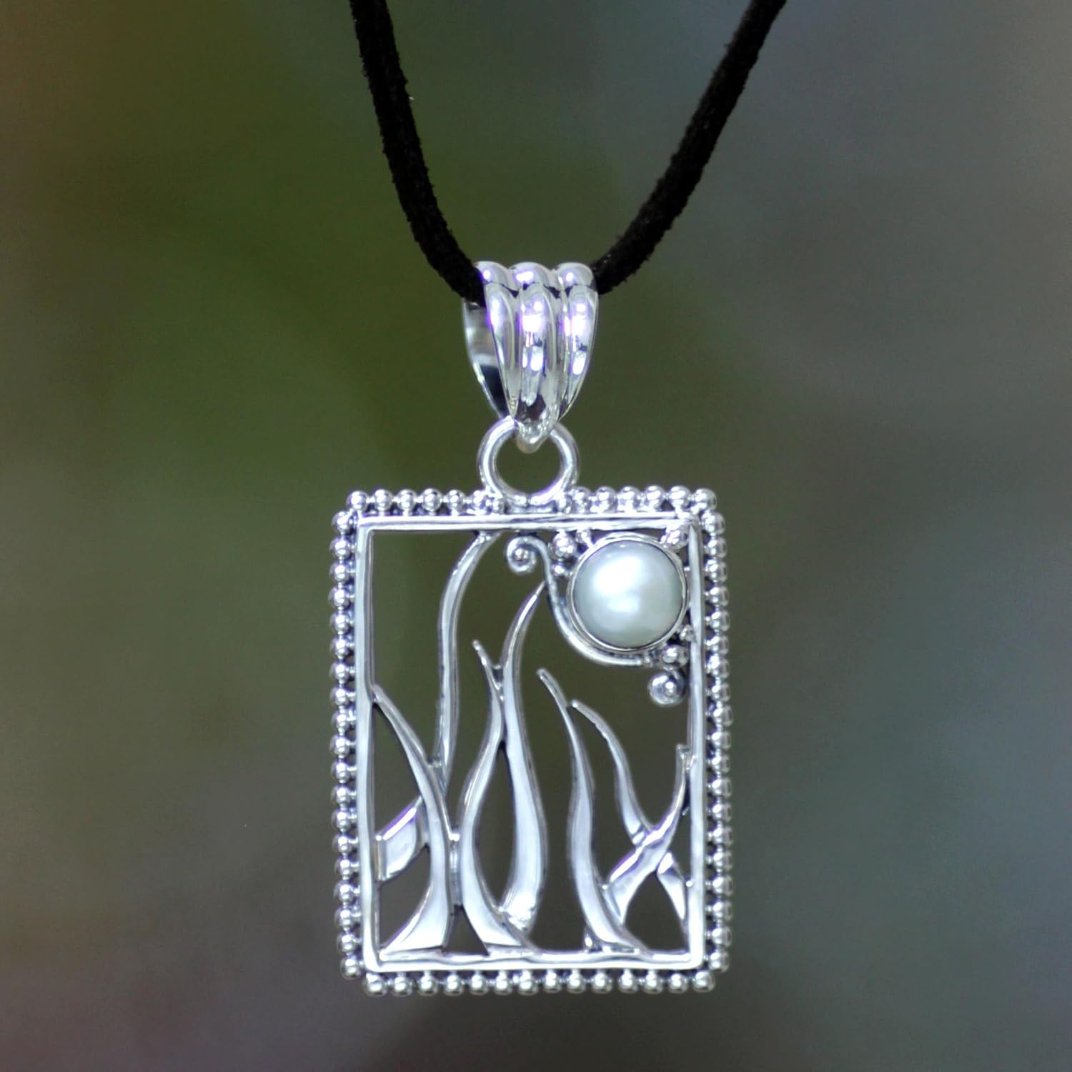 NOVICA Artisan Handmade Cultured Pearl Pendant Necklace Artisan Crafted Sterling Silver Jewelry White Cord Indonesia Leaf Tree Birthstone Moon [cord 18.5 in L 3 mm W Pendant(s) 1.7 in L x 0.9 in W x ]