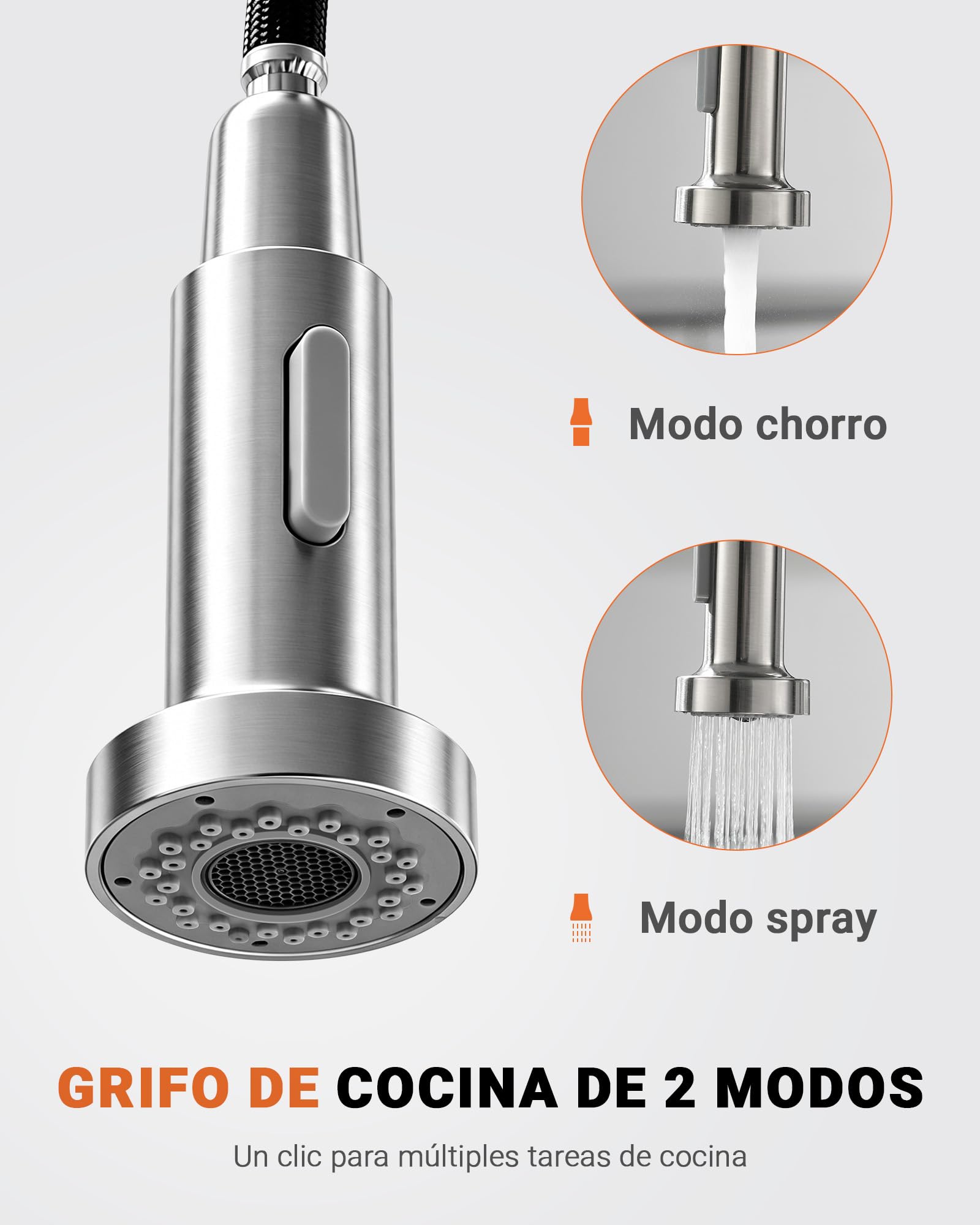 Ibergrif Grifo Cocina Extraíble Acero Inoxidable 304 Cepillado Monomando | Grifo Cocina Fregadero con Caño Extraíble, Giro 360°, 2 Modos de Agua, Manguera 40 cm, Instalación Rápida, Acabado Cepillado