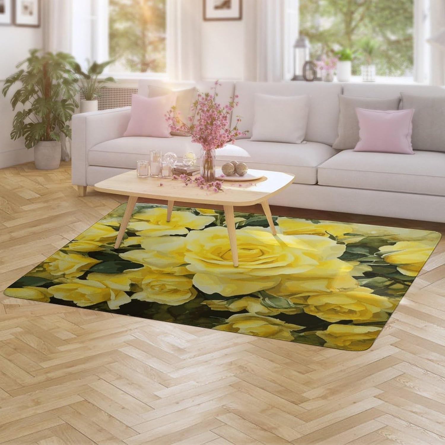 Yellow Rose Carpet for Living Room,Washable Dining Room Non-Slip Under Table Rug 40“x60”Large Rugs Lndoor Home Decoration Stain Resistant Carpet for Bedroom