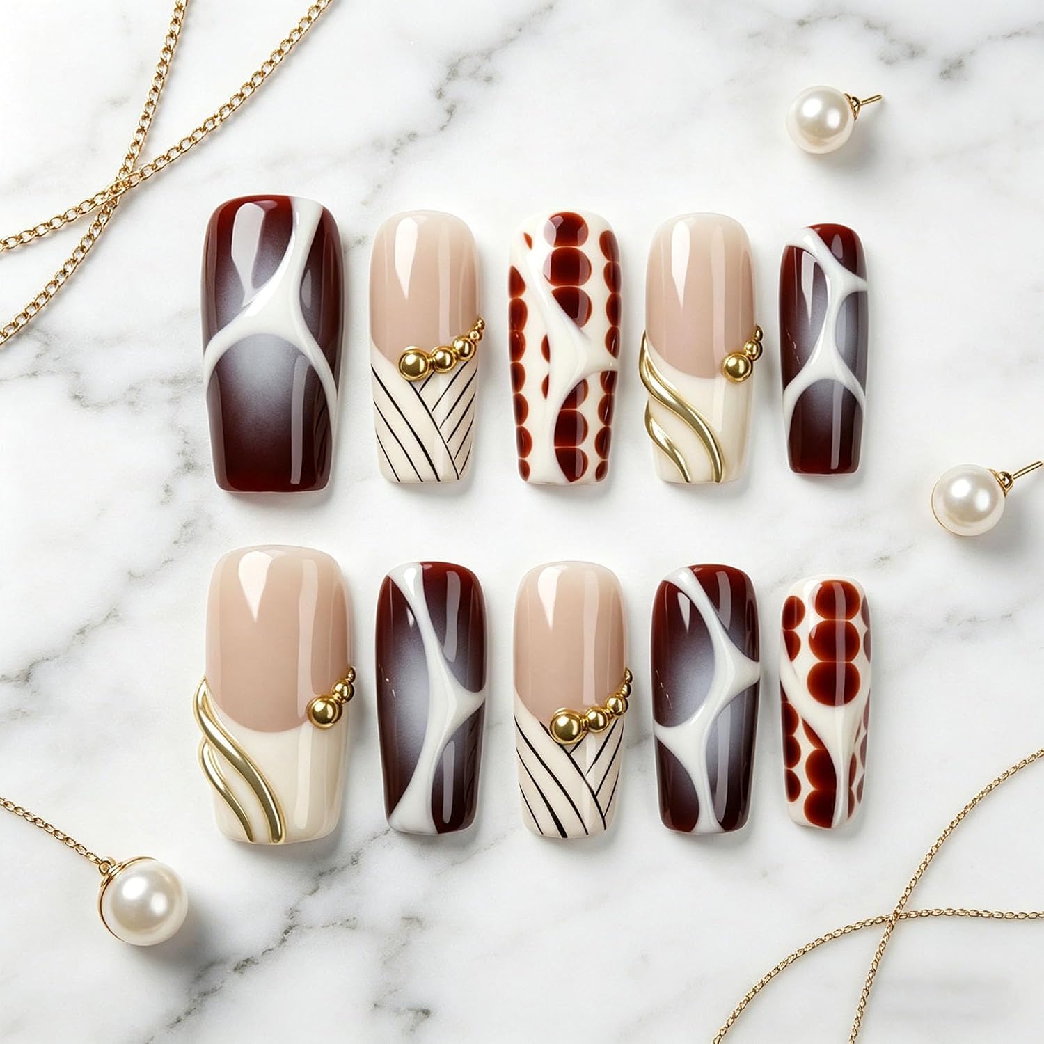 Long Square Press on Nails Handmade 3D Cute Glue on Nails for Women, Luxury Homemade Press on Nail Art Design, Fake Nails with 3D Nail Charms Size M 1