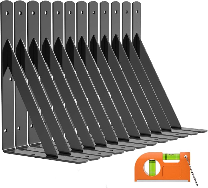 LuckIn 12-Pack Heavy Duty Shelf Bracket, 10 Inch Wall Shelf Brackets Fit for 10 12 Inch Floating Shelves, 90 Degree Triangle, 250 LBS Max Load, Mounting Hardware Included, Black