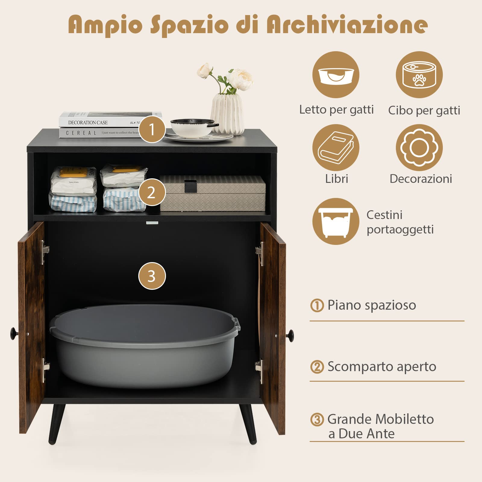 COSTWAY Mobile per Lettiera per Gatti, Casetta per Gatti con Ingresso, Gambe Inclinate e Scomparto Aperto, Tavolino in Legno Versatile per Salotto, 60 x 45 x 75 cm, Marrone e Nero