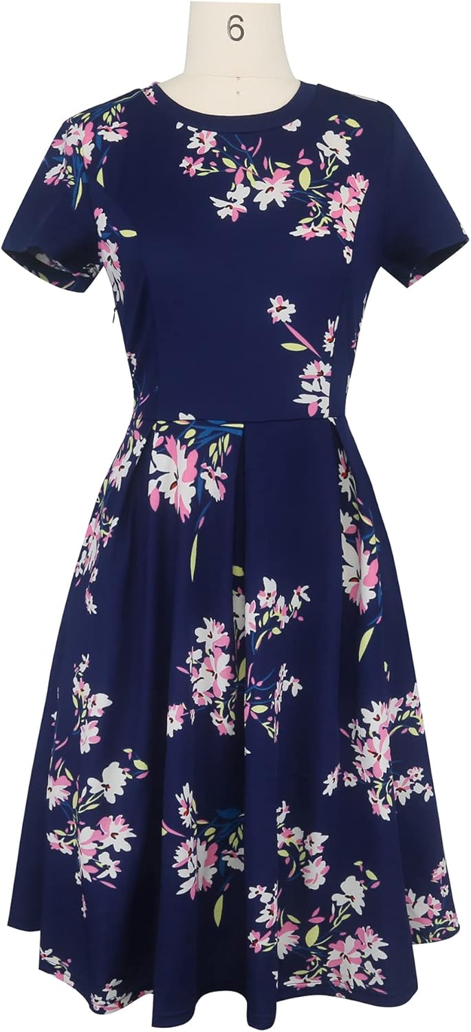 oxiuly Women's Vintage Half Sleeve O-Neck Contrast Casual Pockets Party Swing Dress OX253 - Image 3