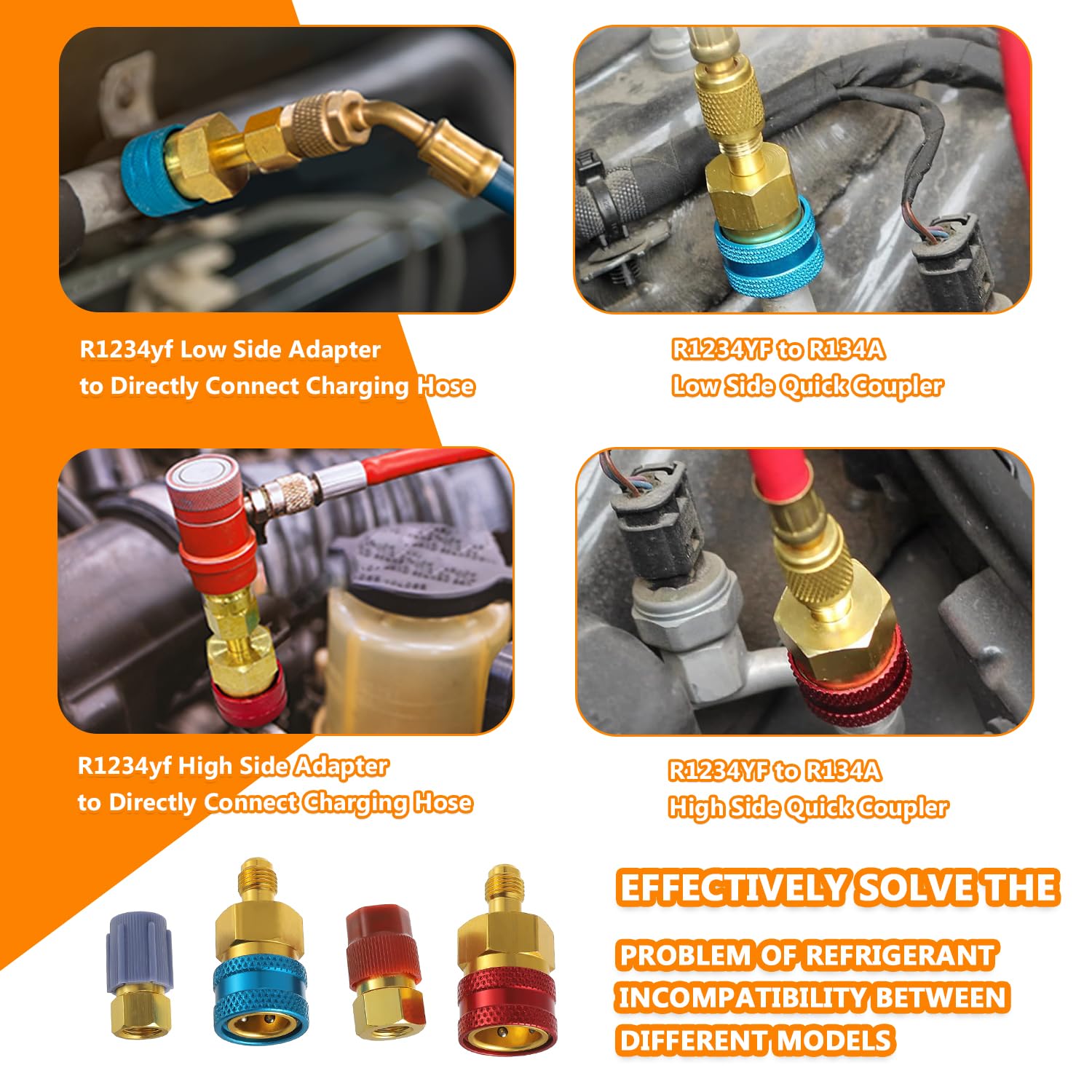 R1234yf Kit di ricarica del refrigerante R1234yf a R134a Connettore rapido Lato alto Lato basso R1234YF Adattatore connettore tubo per la ricarica del refrigerante A/C (2 pezzi)