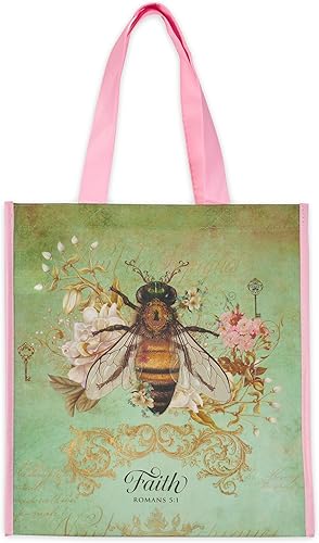 Christian Art Gifts Floral Bumble Bee - Bolsa de compras multicolor reutilizable para mujeres Faith - Romans 51, fácil de sostener, lindo, duradero,