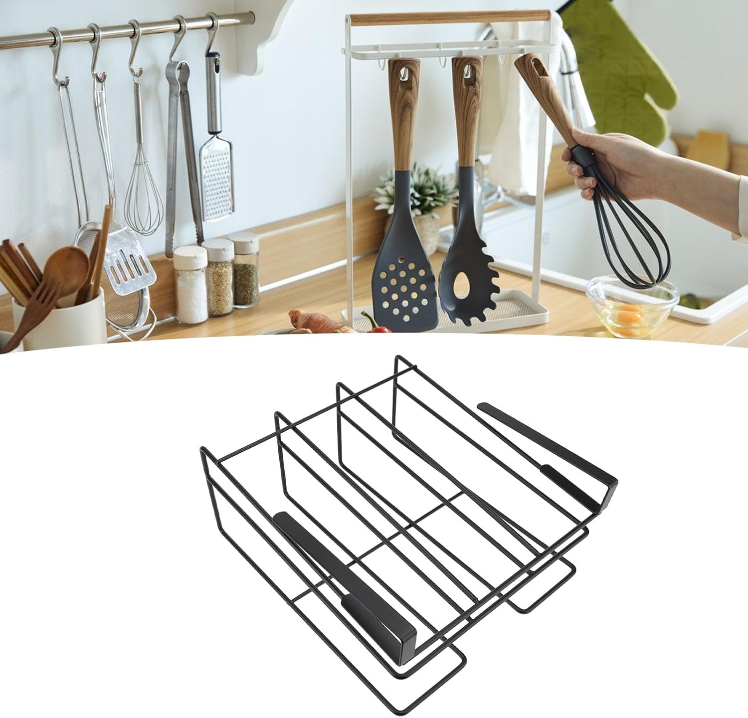 AYNEFY Under Cabinet Rack, Sturdy Structure Thick Carbon Steel Under Cabinet Cutting Board Holder No Drill Installation Process Layered Chopping Hanging Organizer