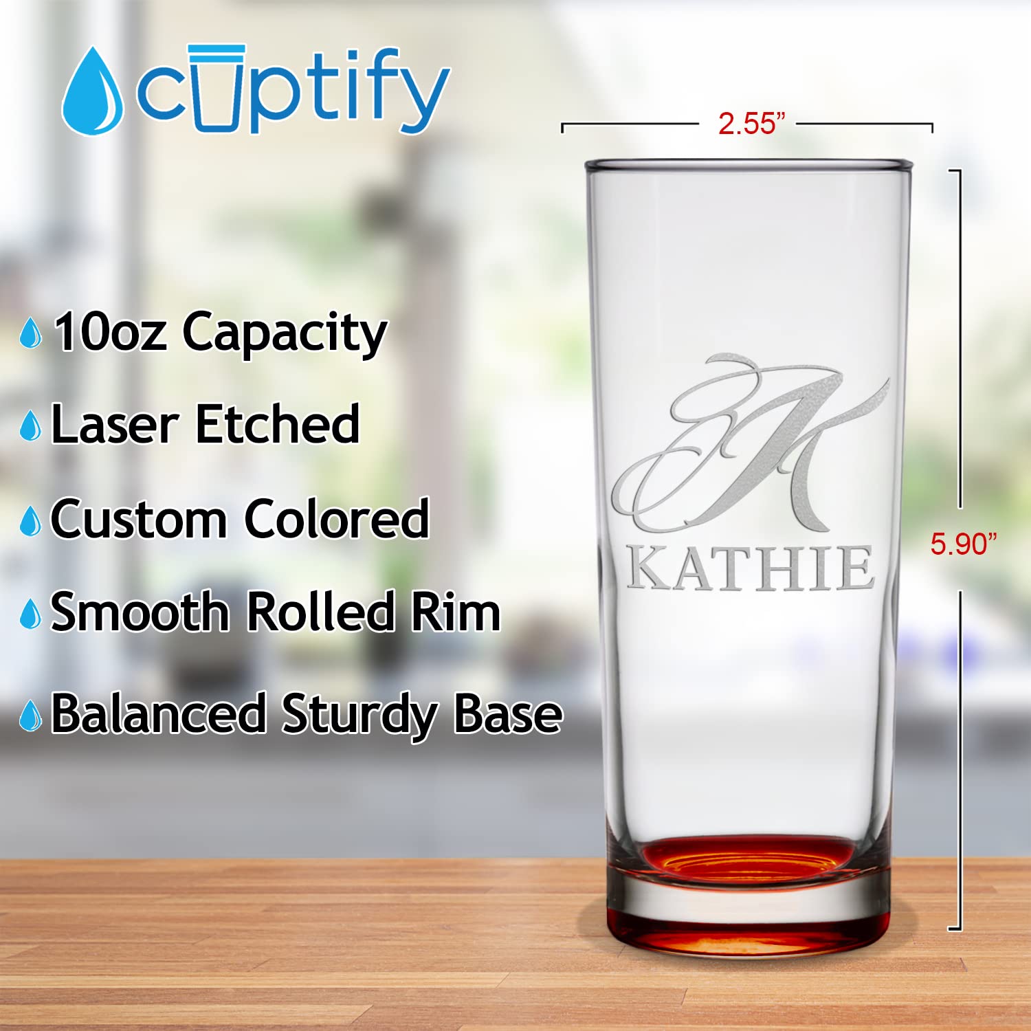 Personalized Highball Glass Script Initial and Name 10 oz Orange Bottom Tall Straight Up Customizable Text Party Favor Decoration Birthday Gift