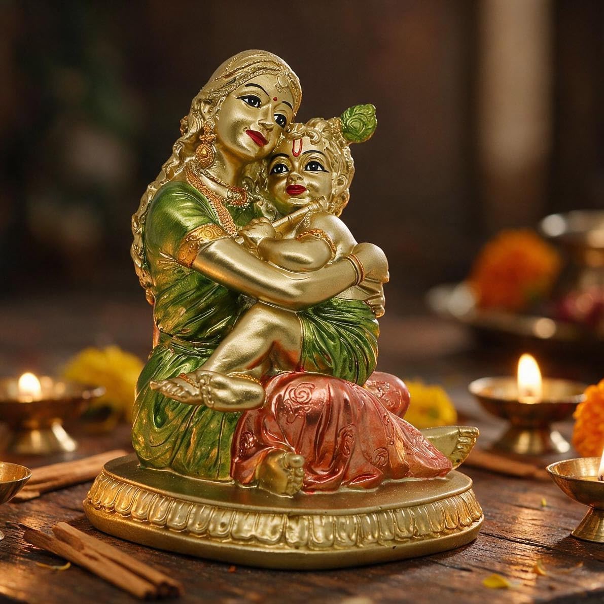 alikiki Hindu God Yasoda Krishna Statue - Indian Pooja Yashoda Baby Krishna Figurine Indian God Lord Home Office Temple Mandir Puja Murti Item Golu Doll Diwali Gift Inida Spiritual Prayer