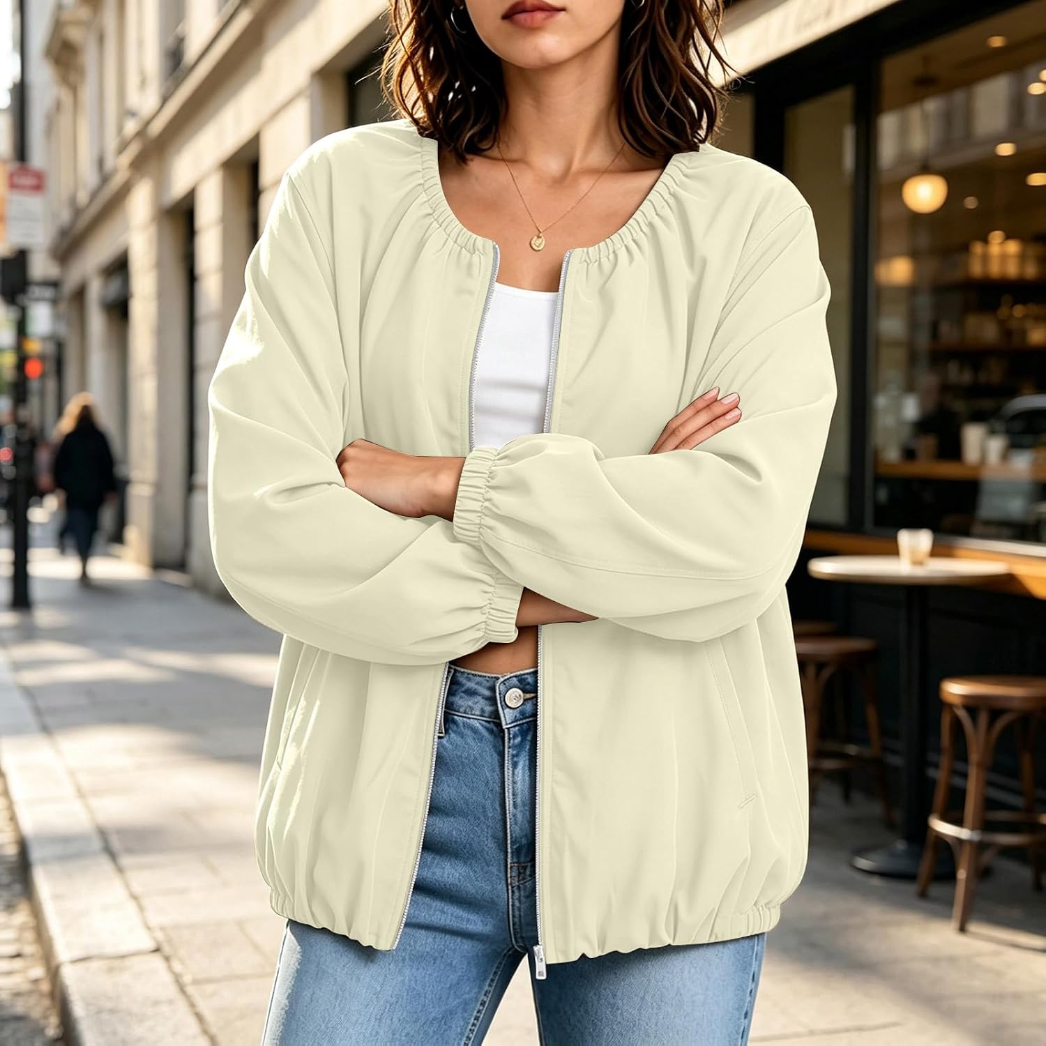 Womens Lightweight Jacket Round Neck Zip Up Front Casual Loose Coat