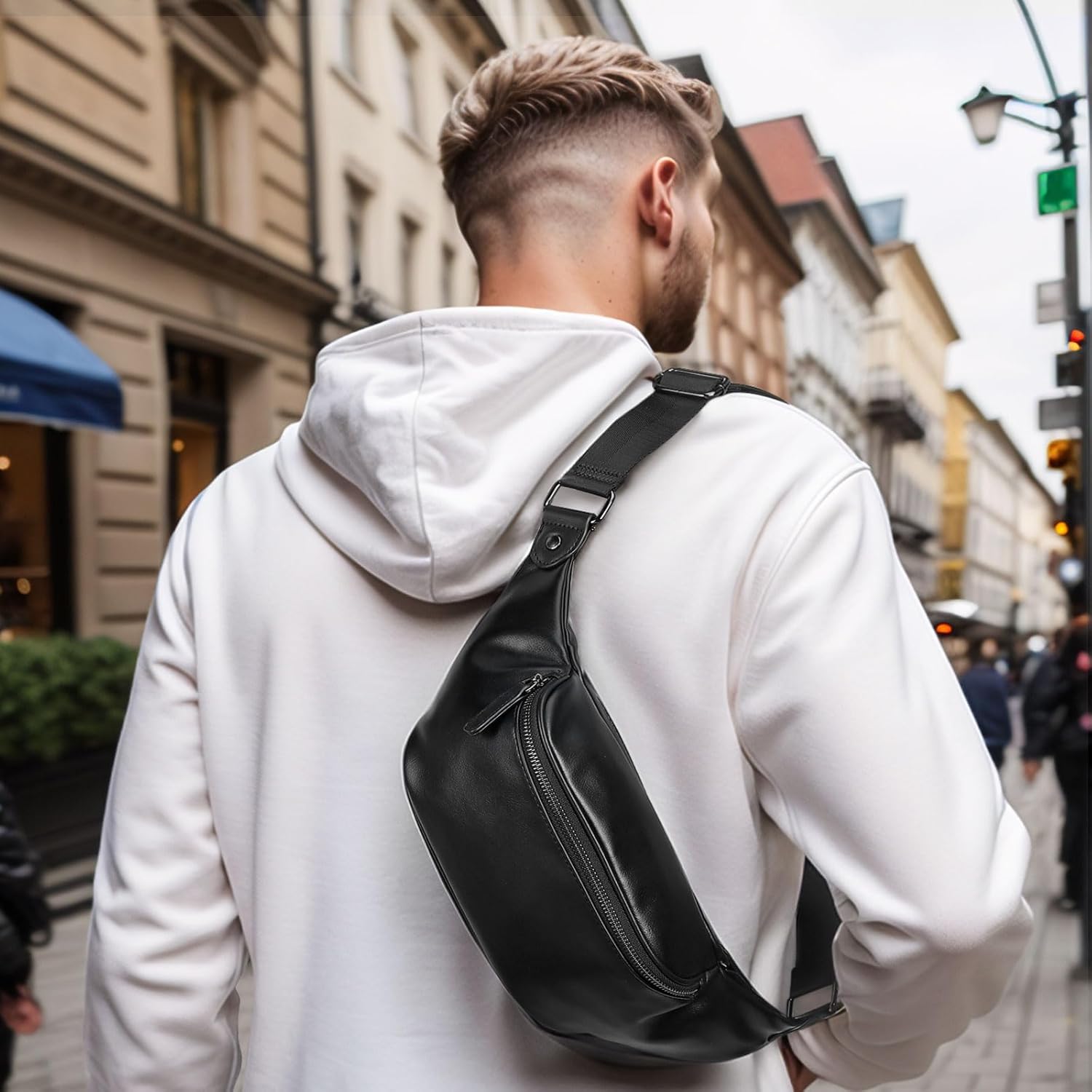 Soft Leather Fanny Pack for Women & Men, Crossbody Waist Pack with Adjustable Strap, Large Pocket, Sturdy Zippers, for Travel, Hiking, Running, Black - Image 2