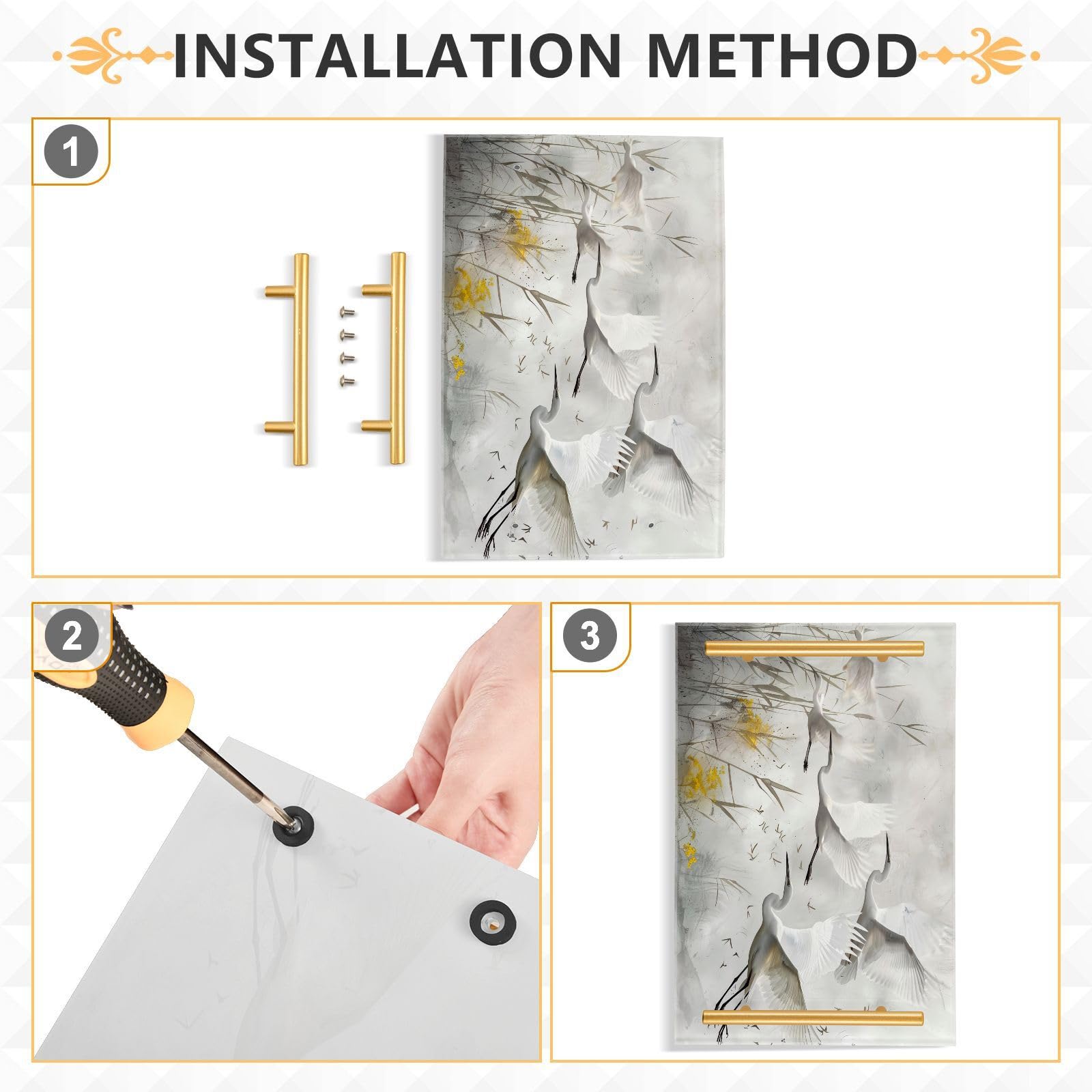 GUIJI Cranes Acrylic Tray, Perfume Cosmetic Jewelry Decorative Trays Bathtub Organizer, Living Room Kitchen Serving Tray with Gold Handles