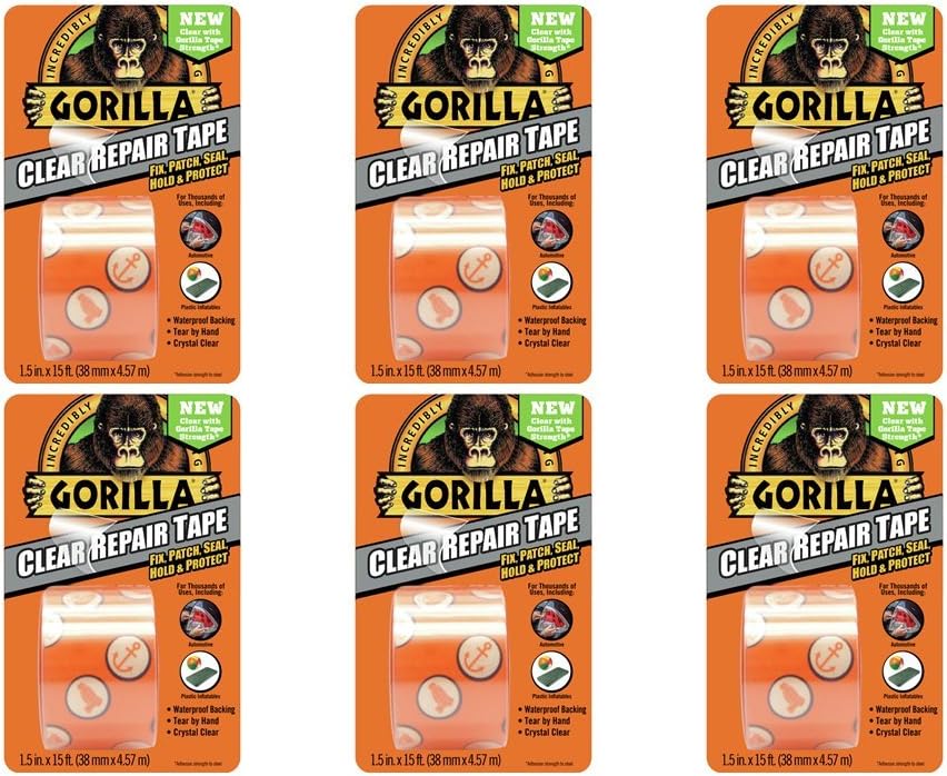 Gorilla Crystal Clear Duct Tape, 1.88" x 5 yd, Clear, (Pack of 6)