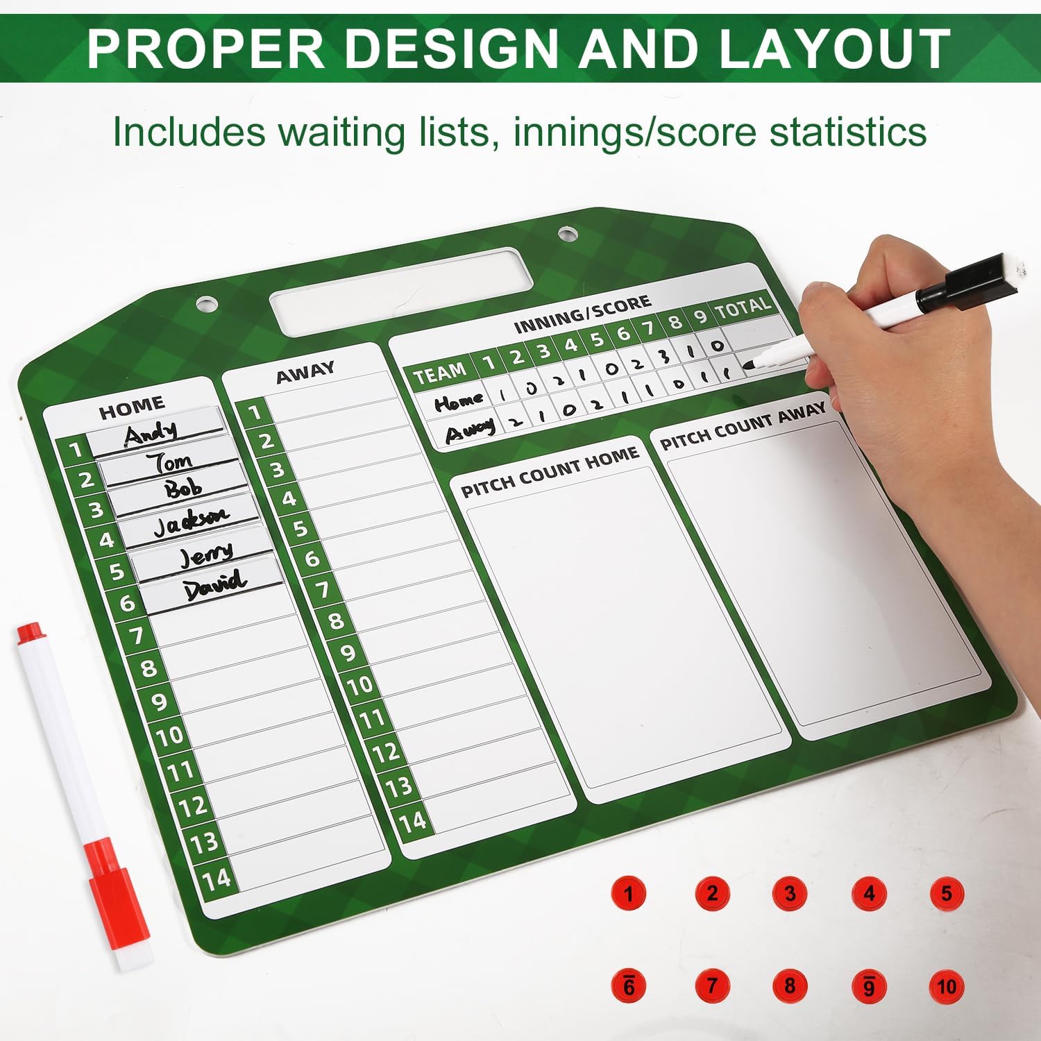 Magnetic Baseball Lineup Board, Dry Erase Coaches Clipboards Softball Dugout Board Baseball Coaching Board for Coaches Baseball Coaching Accessories, Medium, green, white