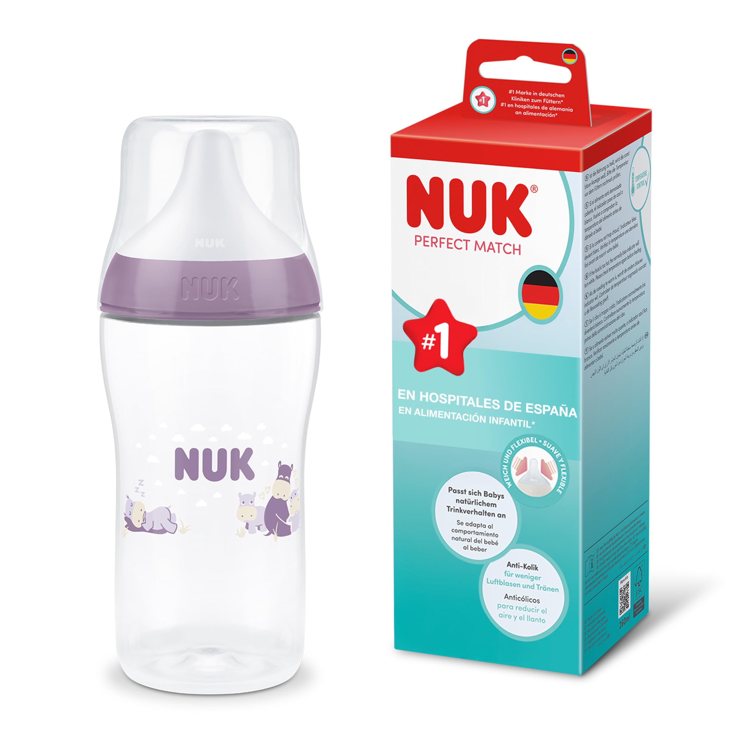 NUK Perfect Match Biberón | 0+ meses | 150 ml | Biberón anticólicos | PP | Indicador de control de temperatura | Hipopótamo | 1 unidad — view 13